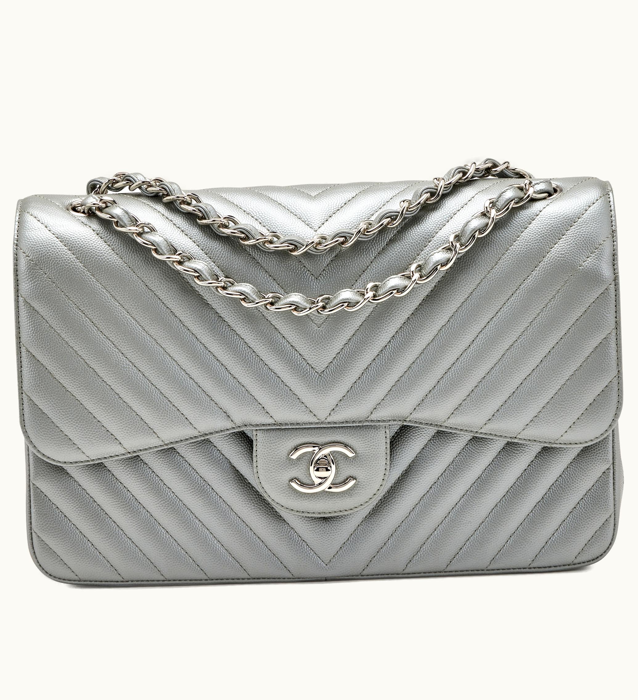 Chanel Chanel Silver Chevron Quilted Caviar Jumbo Classic Double Flap with Silver Hardware from 2016