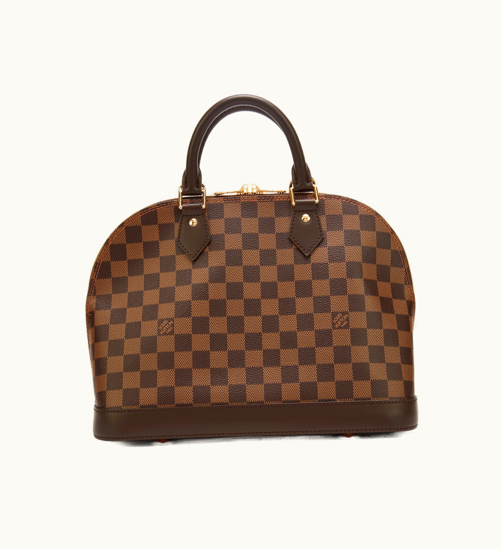 Louis Vuitton Louis Vuitton 2021 brings forth the Louis Vuitton Alma PM in Damier Ebene Coated Canvas and adorned with beautiful Gold Hardware