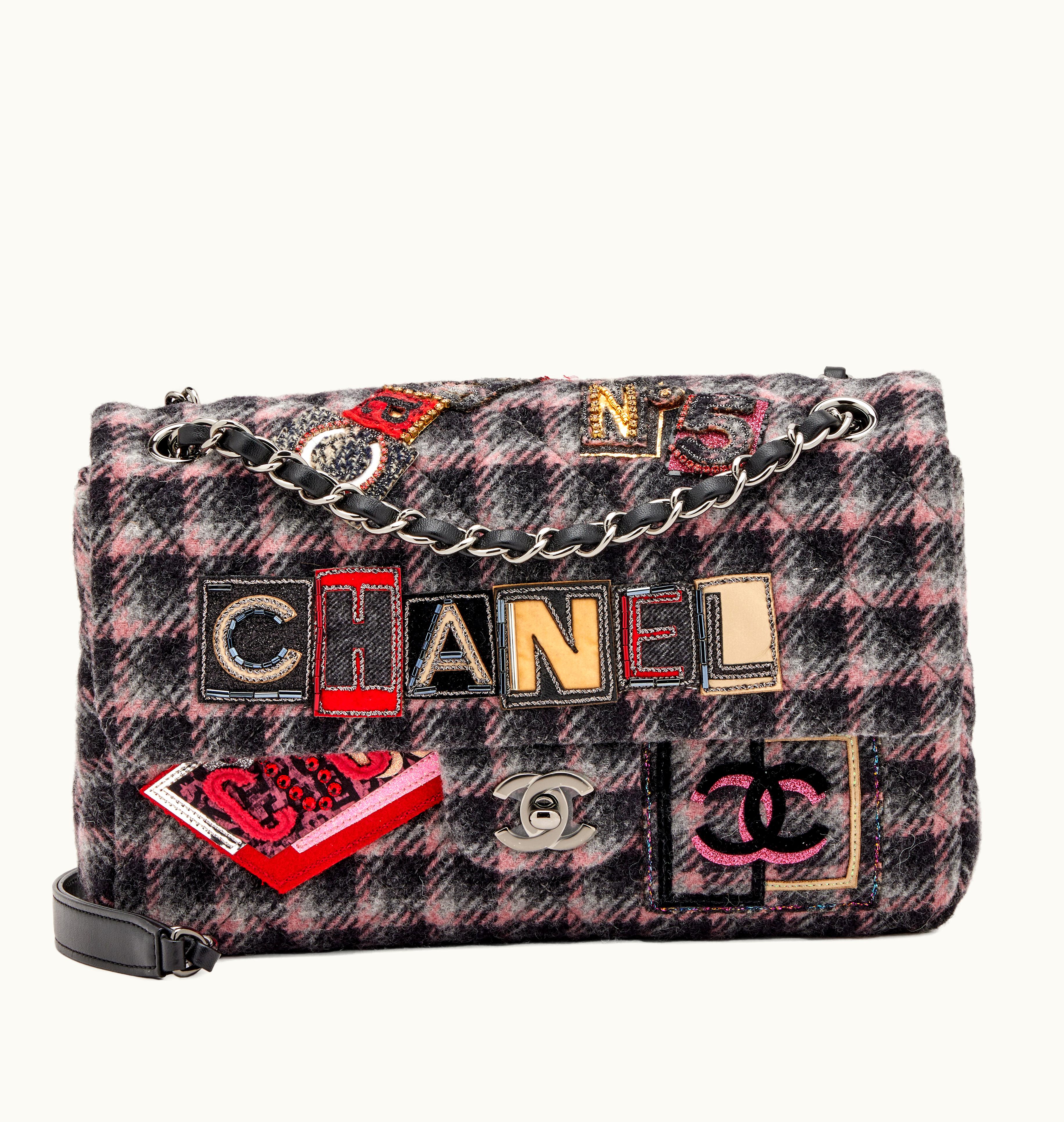 Chanel Chanel 2021 Chanel Single Flap Medium Bag in Pink, Grey, and Multicolor Quilted Wool Tweed with Embroidered Logo Patchwork and Ruthenium Hardware