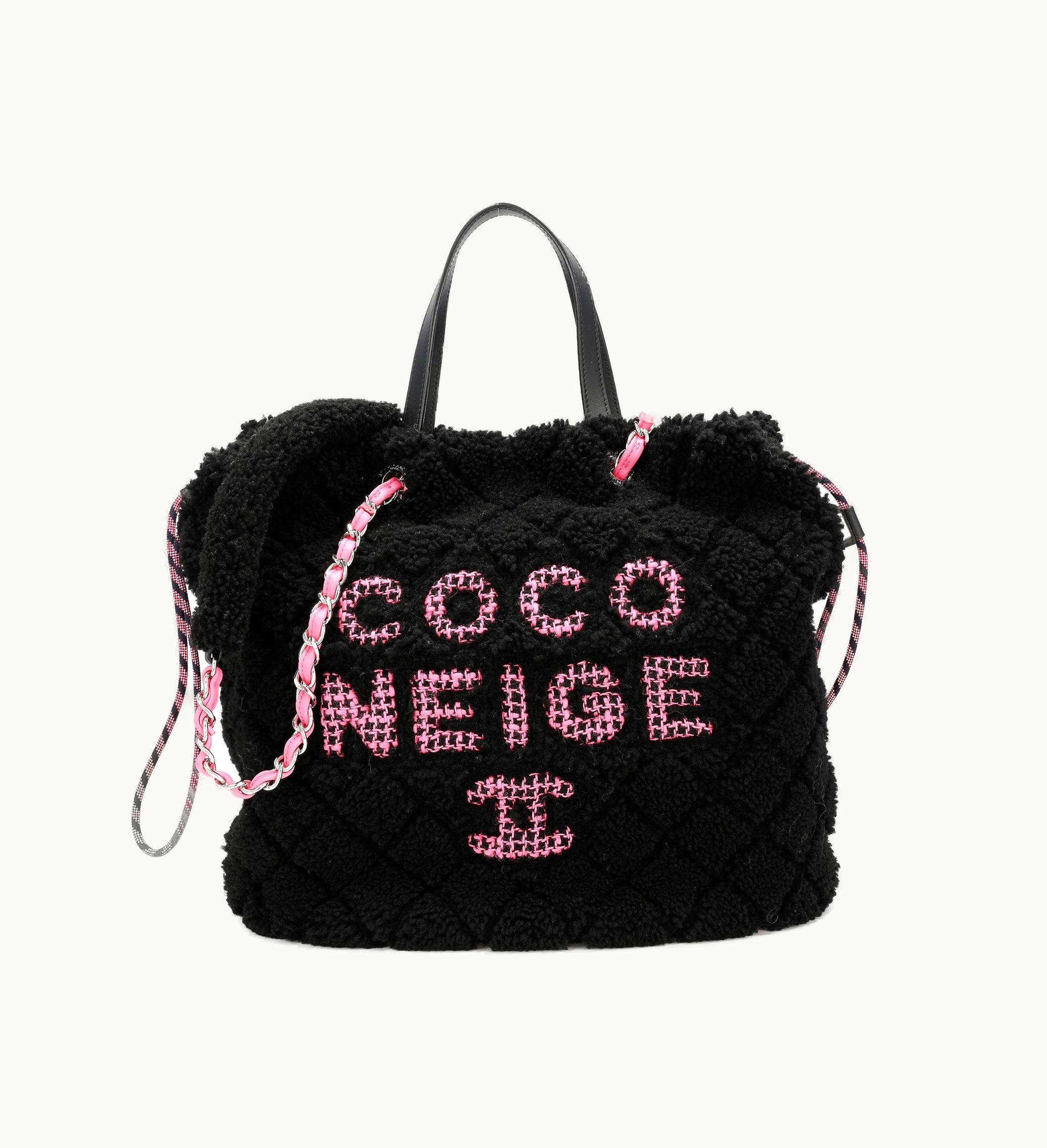Chanel Chanel Black Shearling Quilted Coco Neige Tote with Pink Tweed and Silver Hardware, 2019