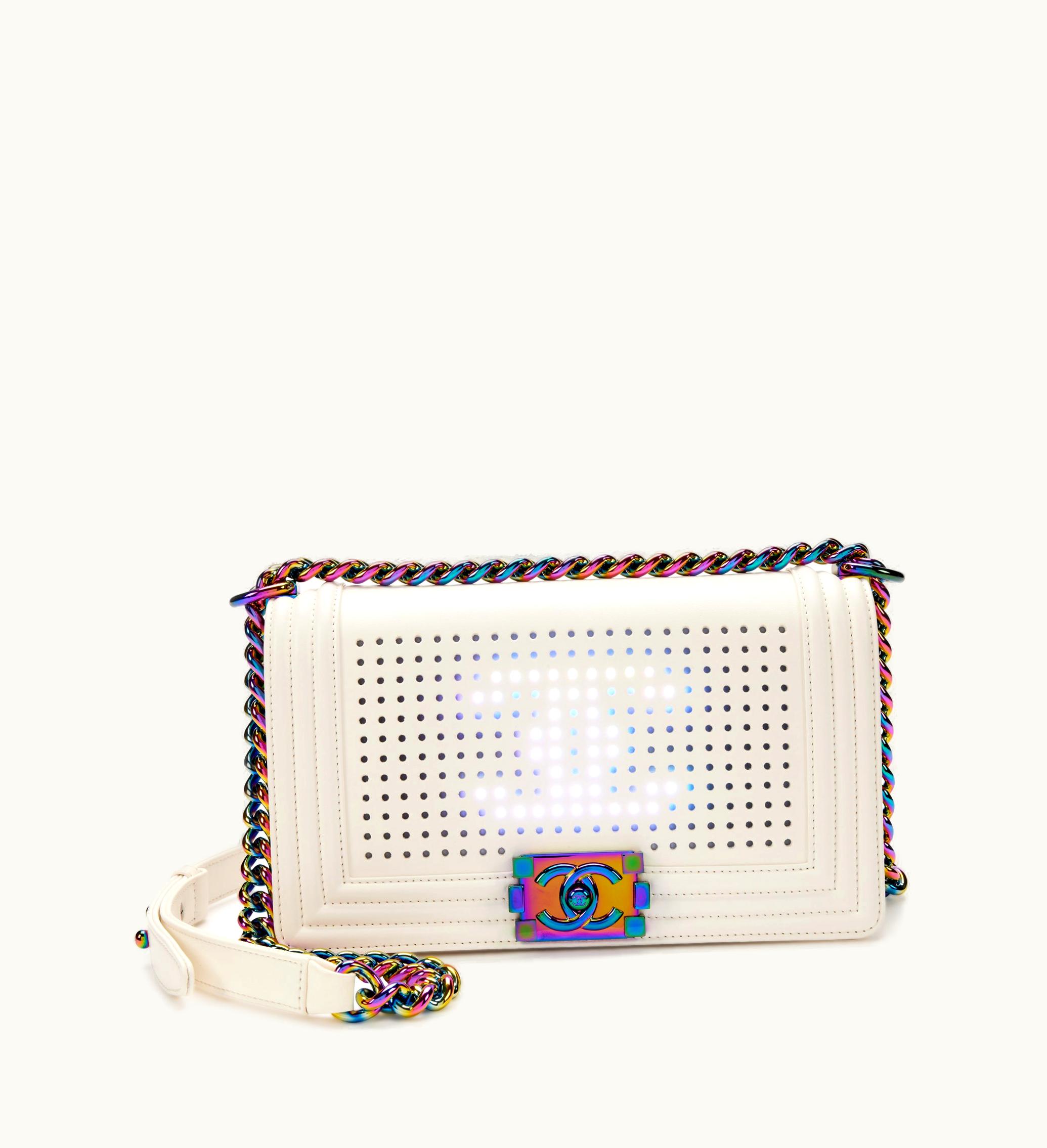 Chanel Chanel White Lamb Skin Medium Boy Chanel Bag with Rainbow Hardware, from 2017, featuring LED lights