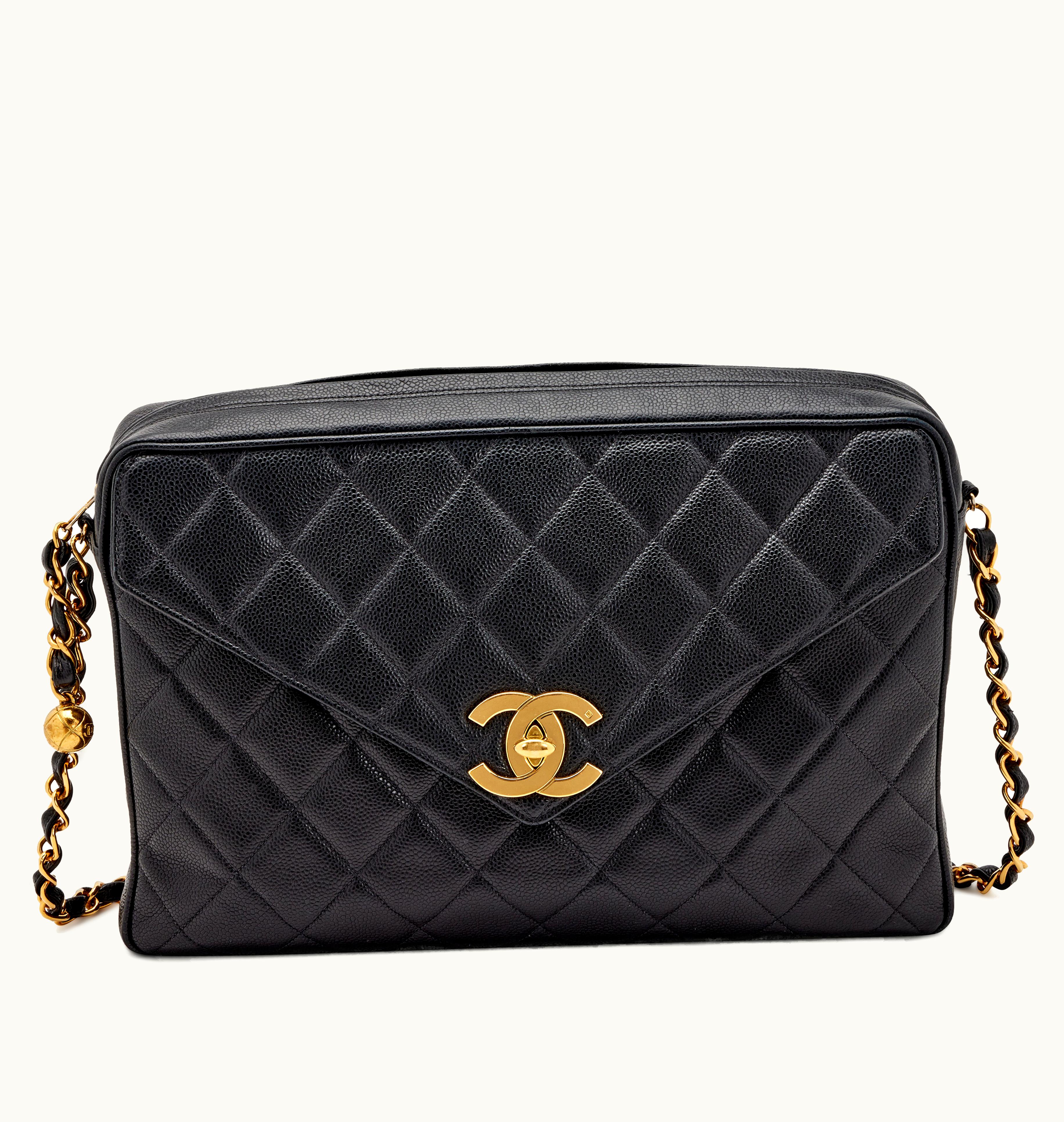 Chanel Chanel XL Maxi Envelop Pocket Flap Camera Bag with Gold Hardware and Black Quilted Caviar, produced between 1994-1996