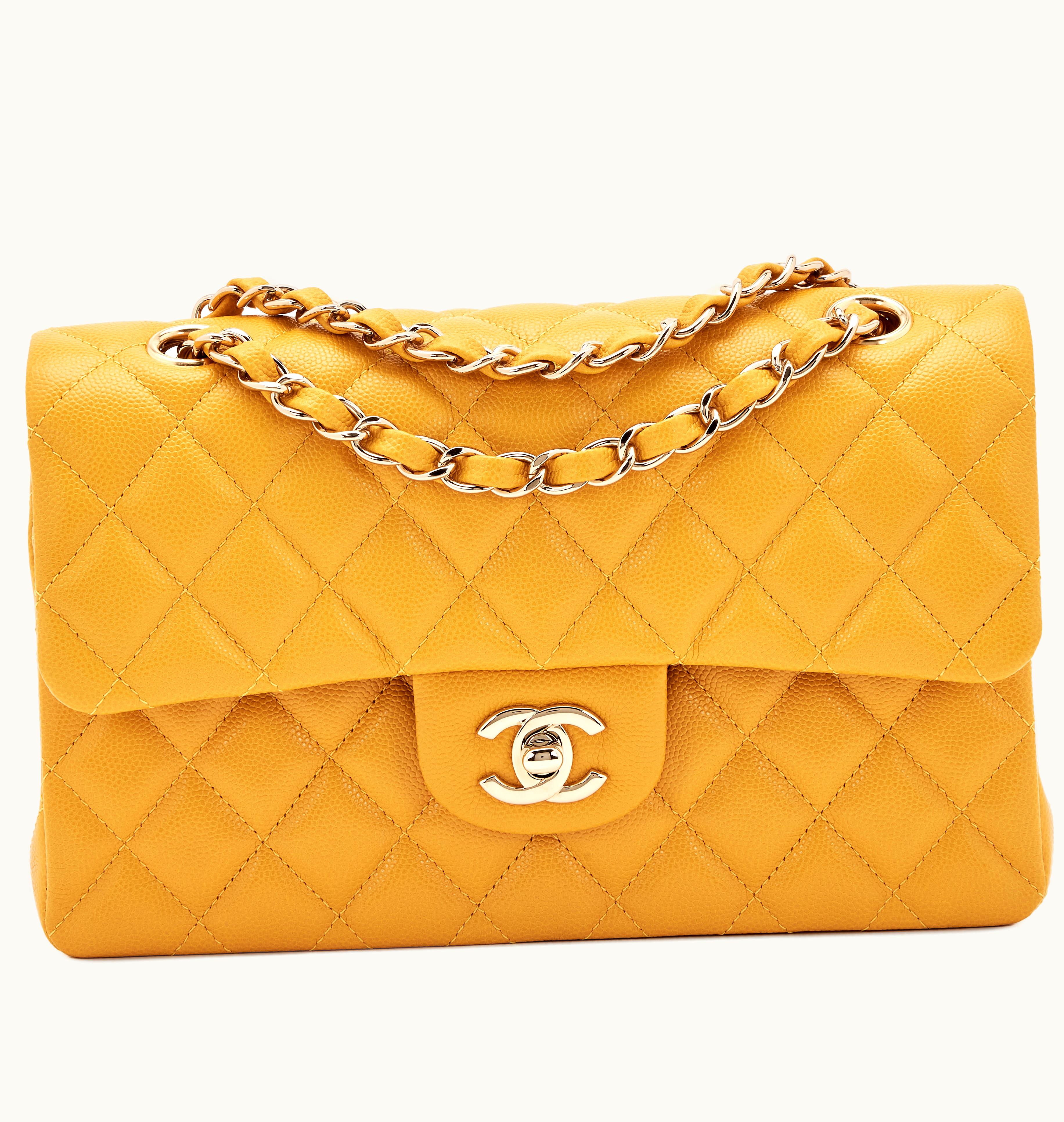 Chanel Chanel Small Classic Double Flap with Pale Gold Hardware in Mustard Quilted Caviar