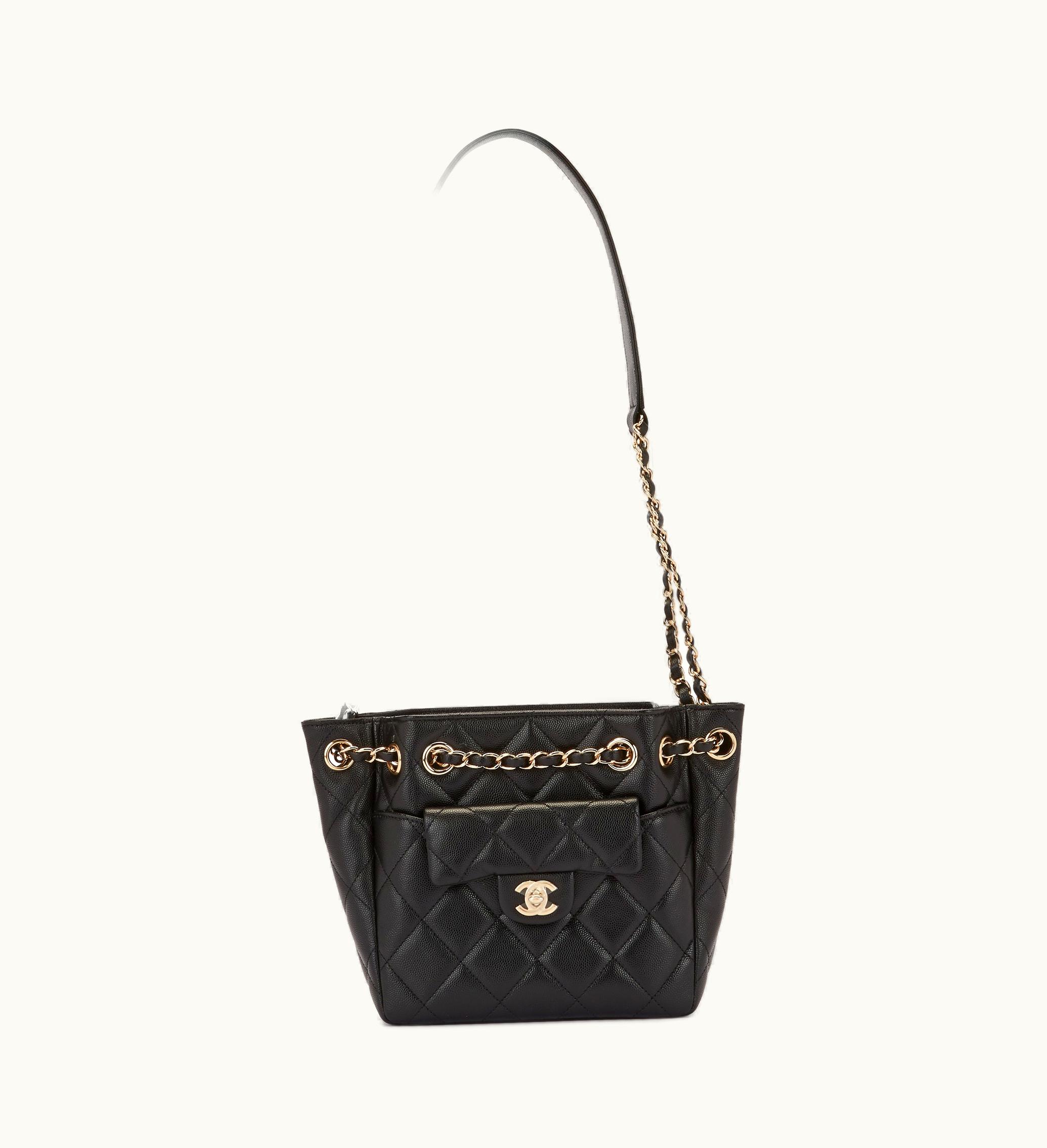 Chanel Chanel 2021 Chanel Black Bucket Bag with Gold Hardware, featuring Quilted Grained Calfskin