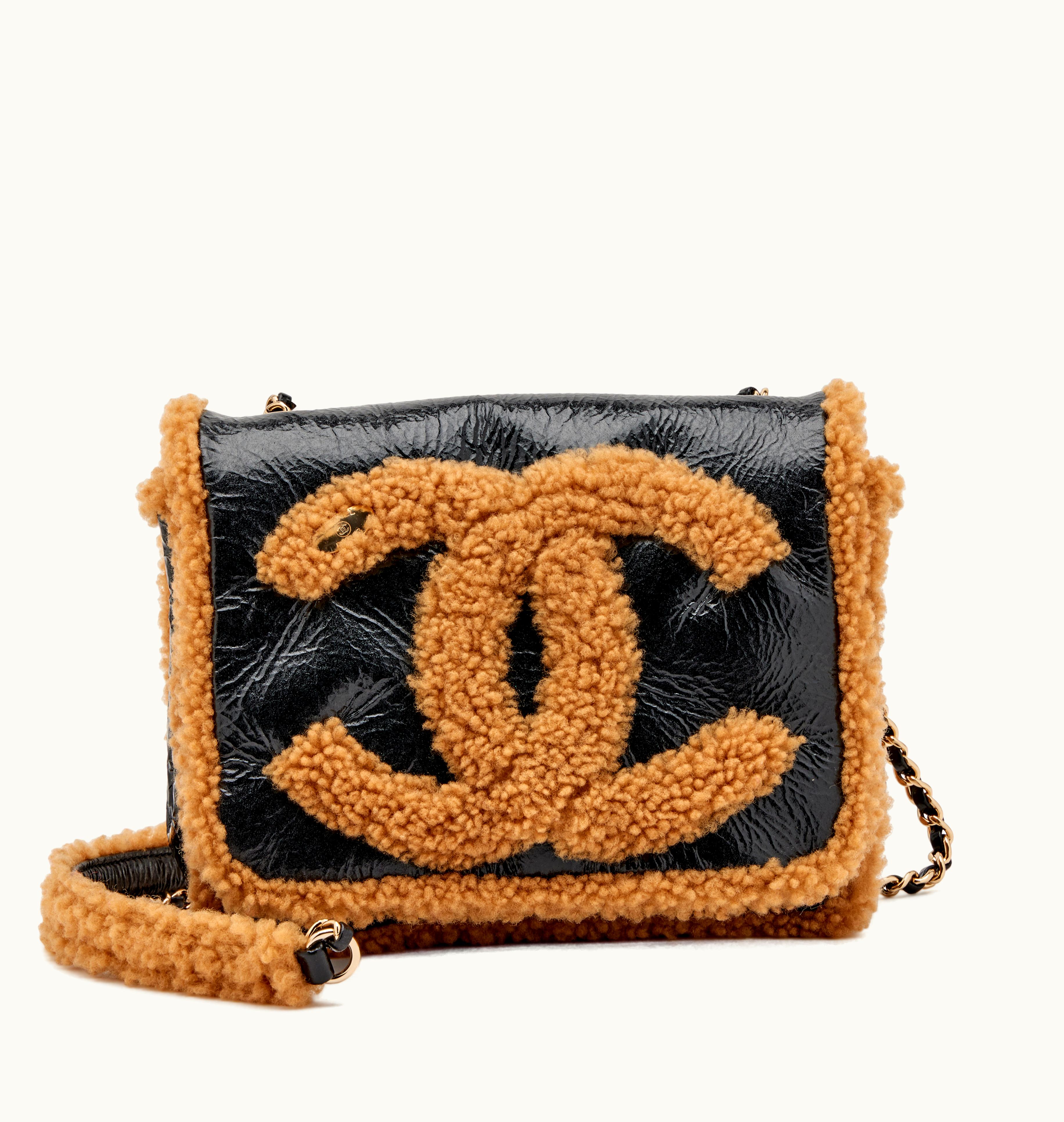 Chanel Chanel 2019 Gold Hardware Chanel Flap with Brown Shearling Mania and Black Shiny Crumpled Sheepskin