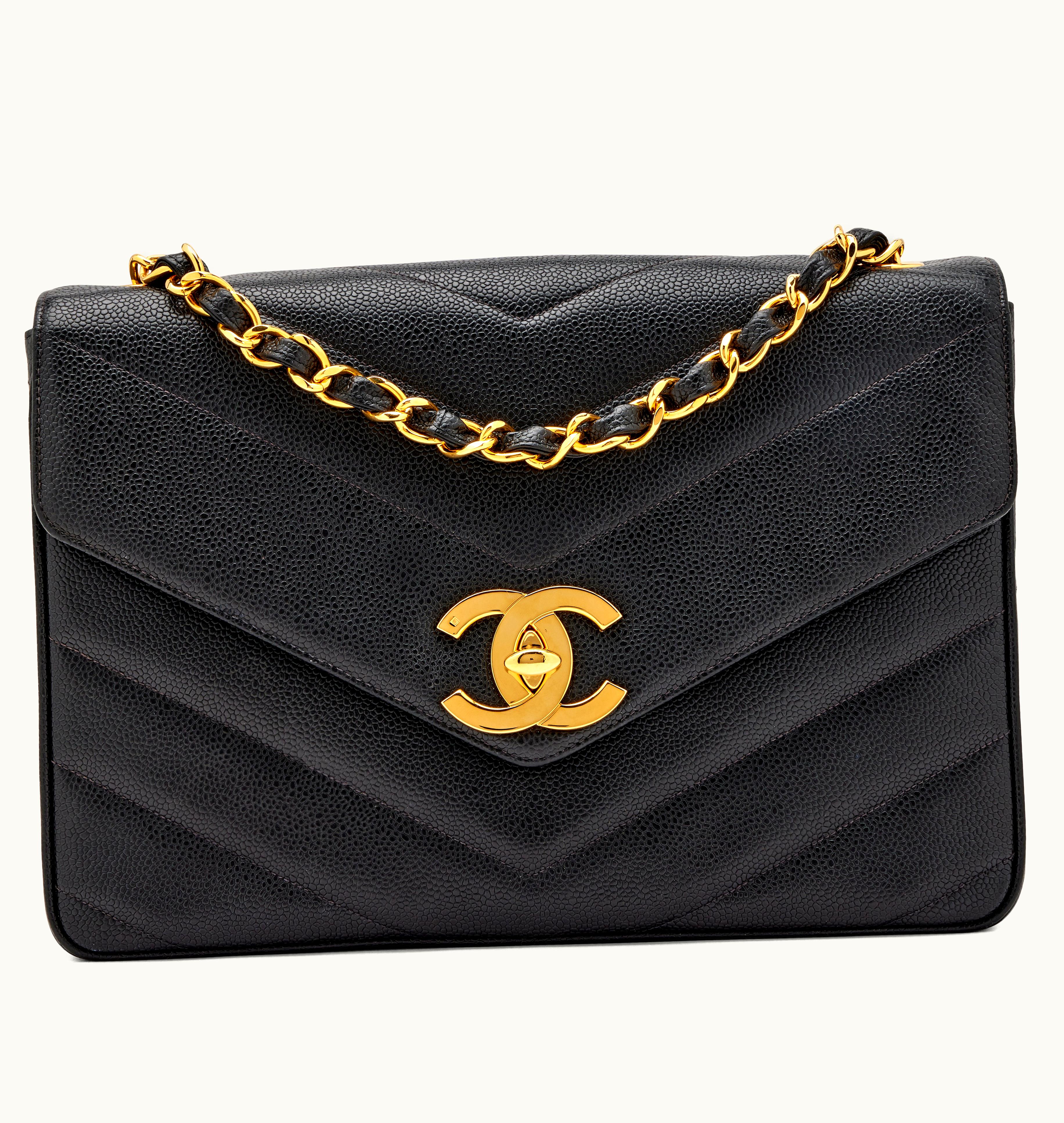 Chanel Chanel Jumbo Envelope Flap Bag with Black Chevron Quilting in Caviar Leather and Gold Hardware, produced between 1994 and 1996