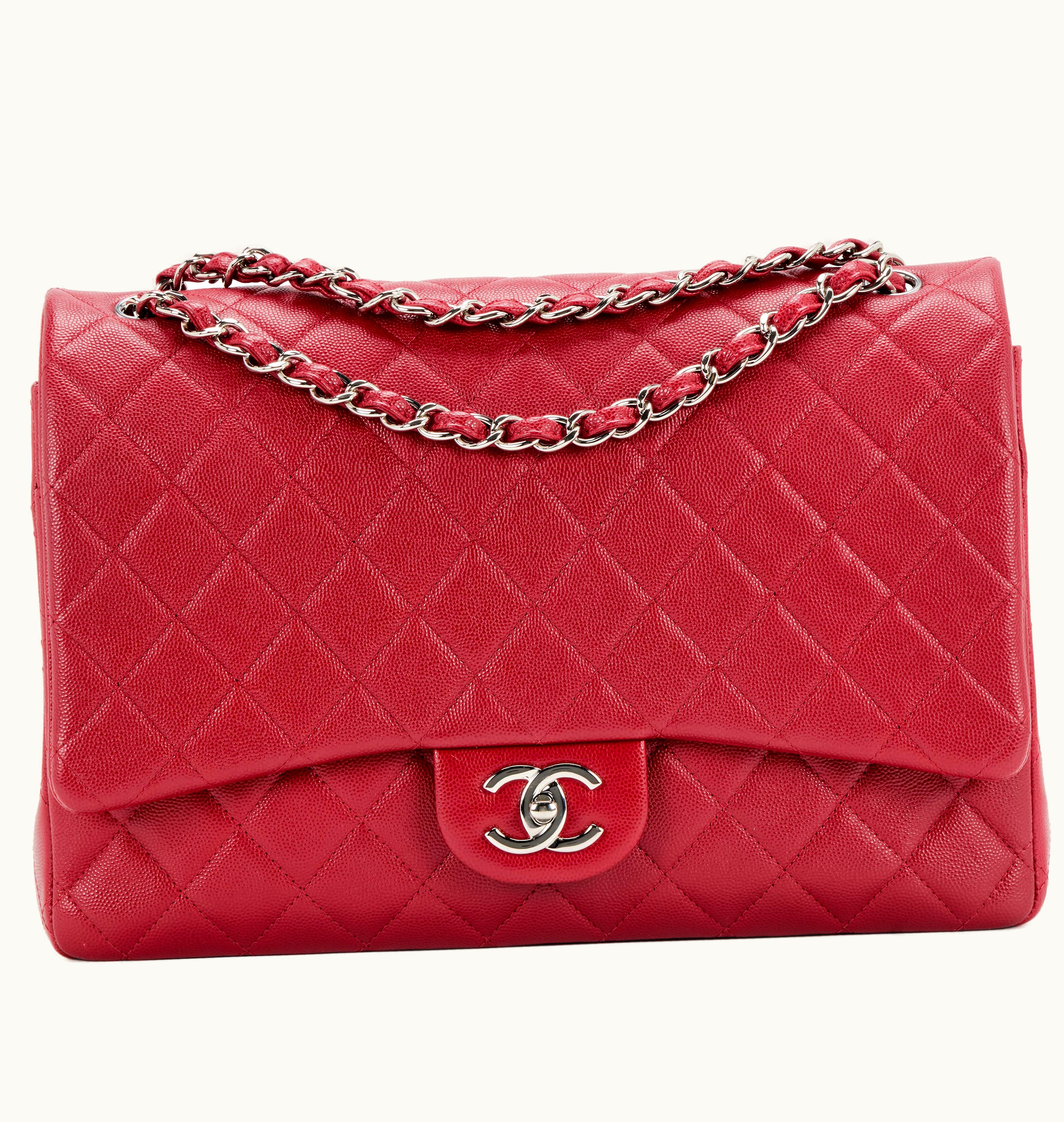 Chanel Chanel Red Quilted Caviar Maxi Classic Double Flap with Silver Hardware, released between 2018 and 2019