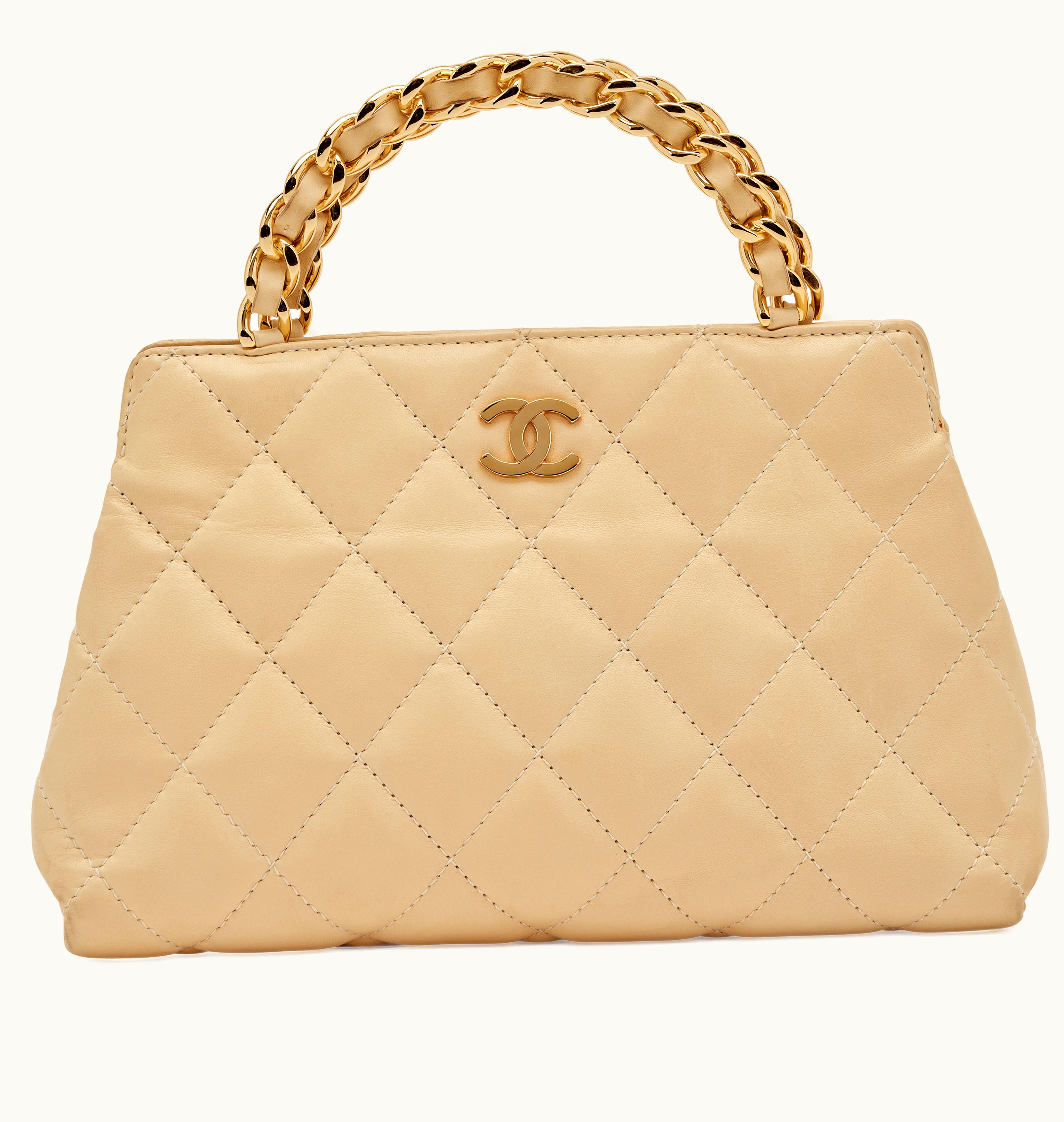 Chanel Chanel Quilted Lambskin Chain Top Handle Bag in Light Beige with Gold CC Hardware, 2004 Edition