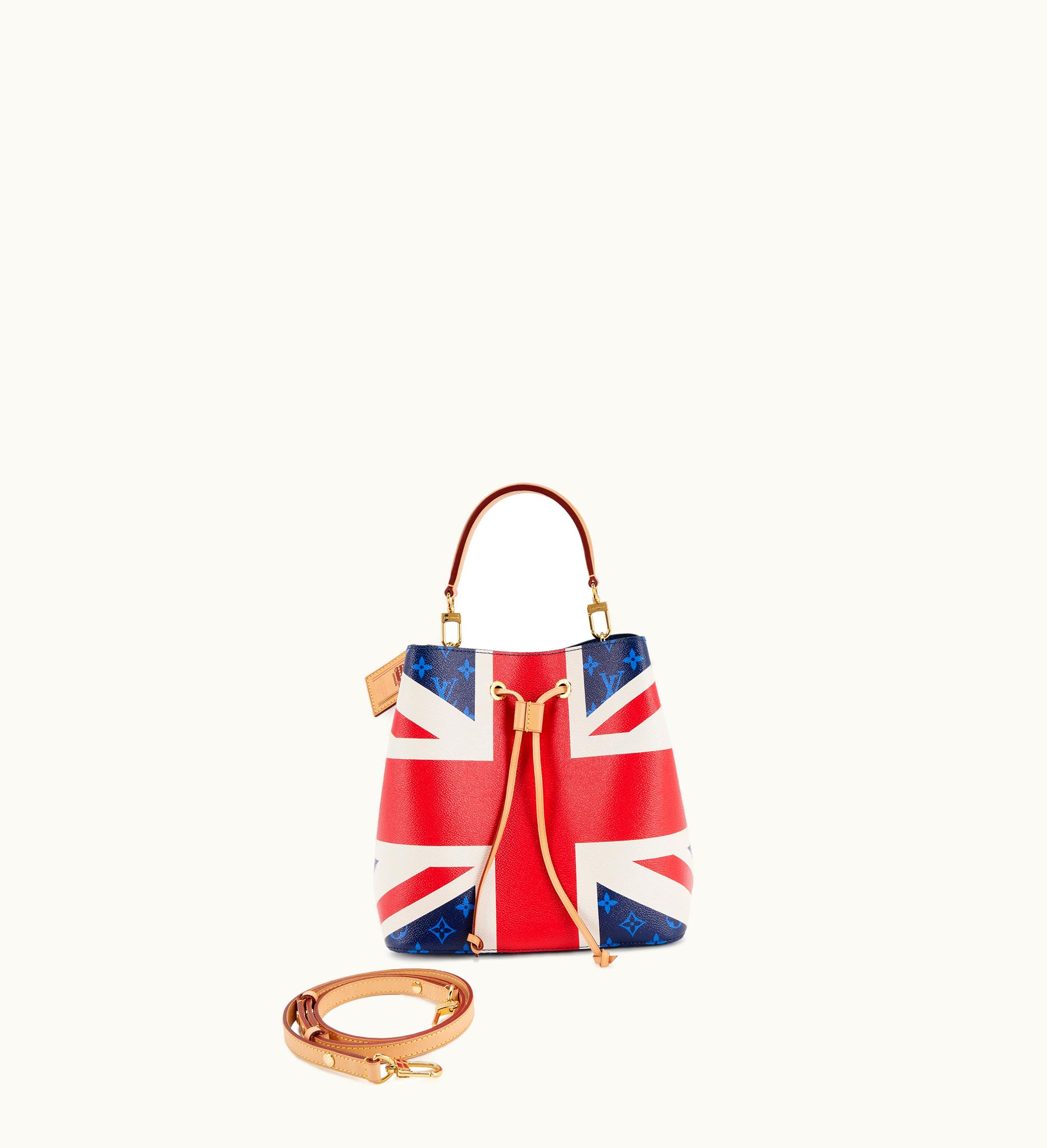 Louis Vuitton Louis Vuitton NeoNoe MM Bucket Bag with Gold Hardware in Blue Monogram, Red, and White Coated Canvas featuring a Union Jack UK Flag Print, designed for the Royal Wedding in 2018
