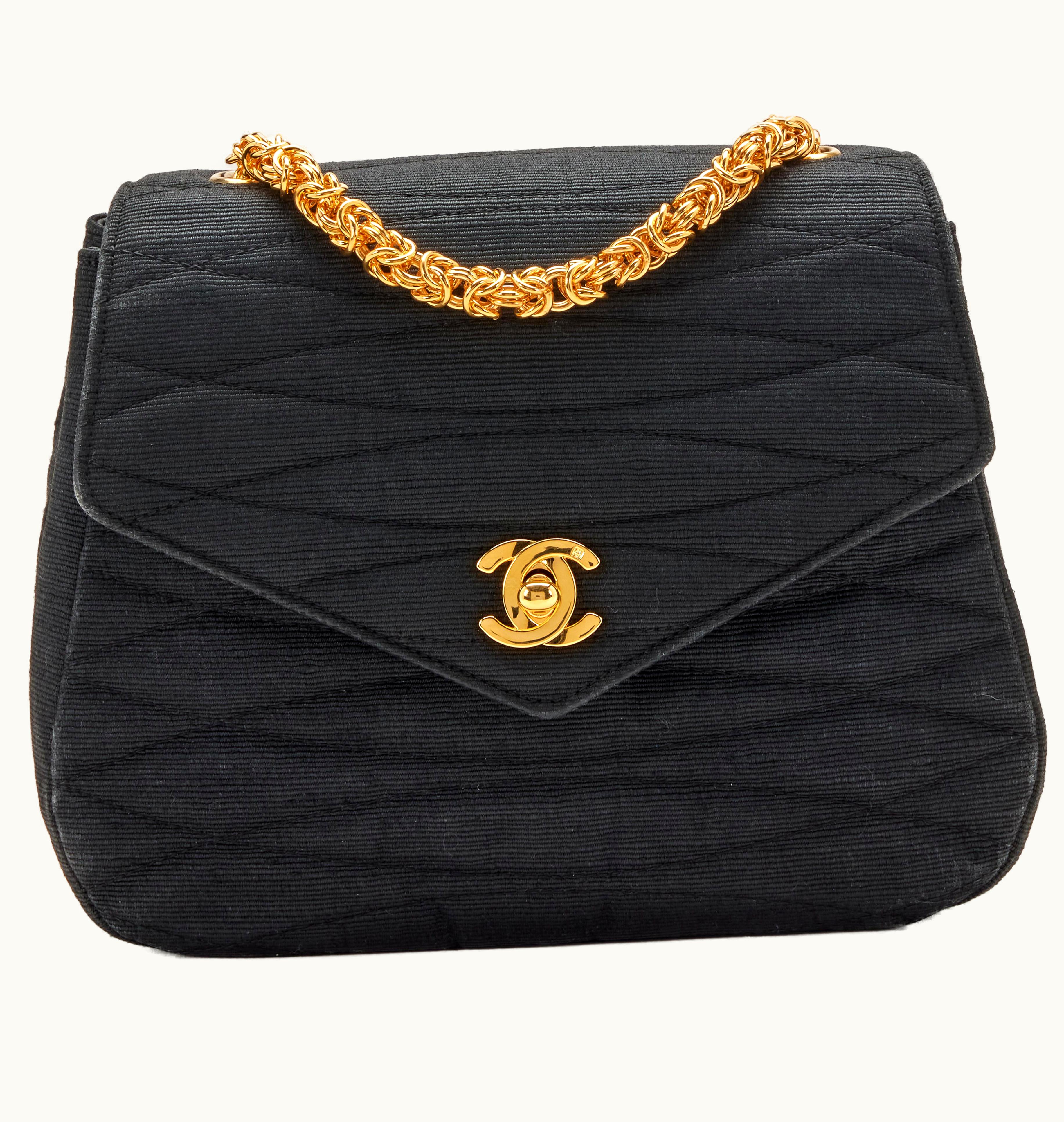 Chanel Chanel 1990s Vintage Chanel Envelope Flap Evening Bag Gold Hardware in Black Quilted Canvas