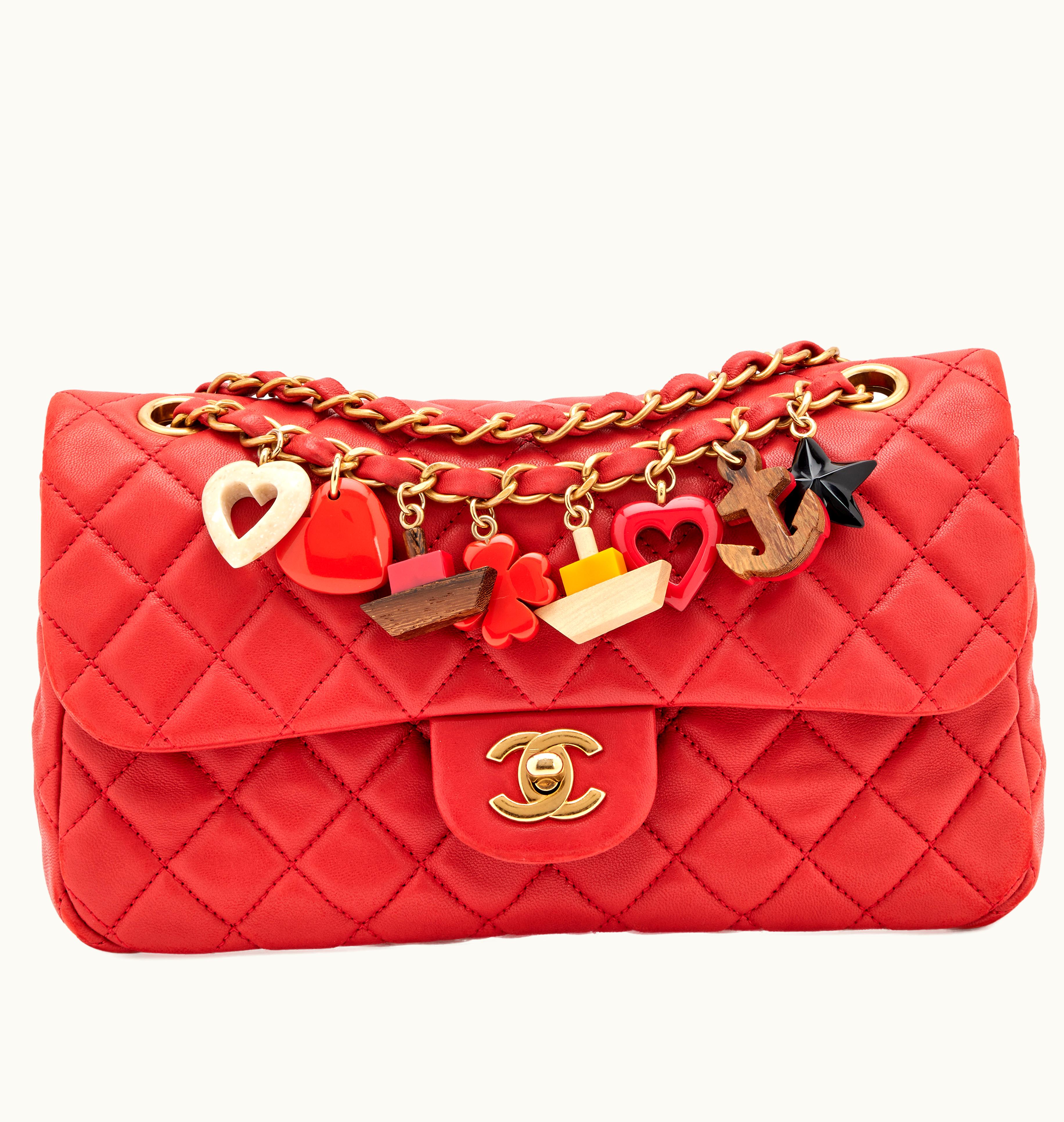 Chanel Chanel Medium Single Flap Bag in Red Quilted Lambskin with Marine Cruise Charms and Gold Hardware from the year 2010