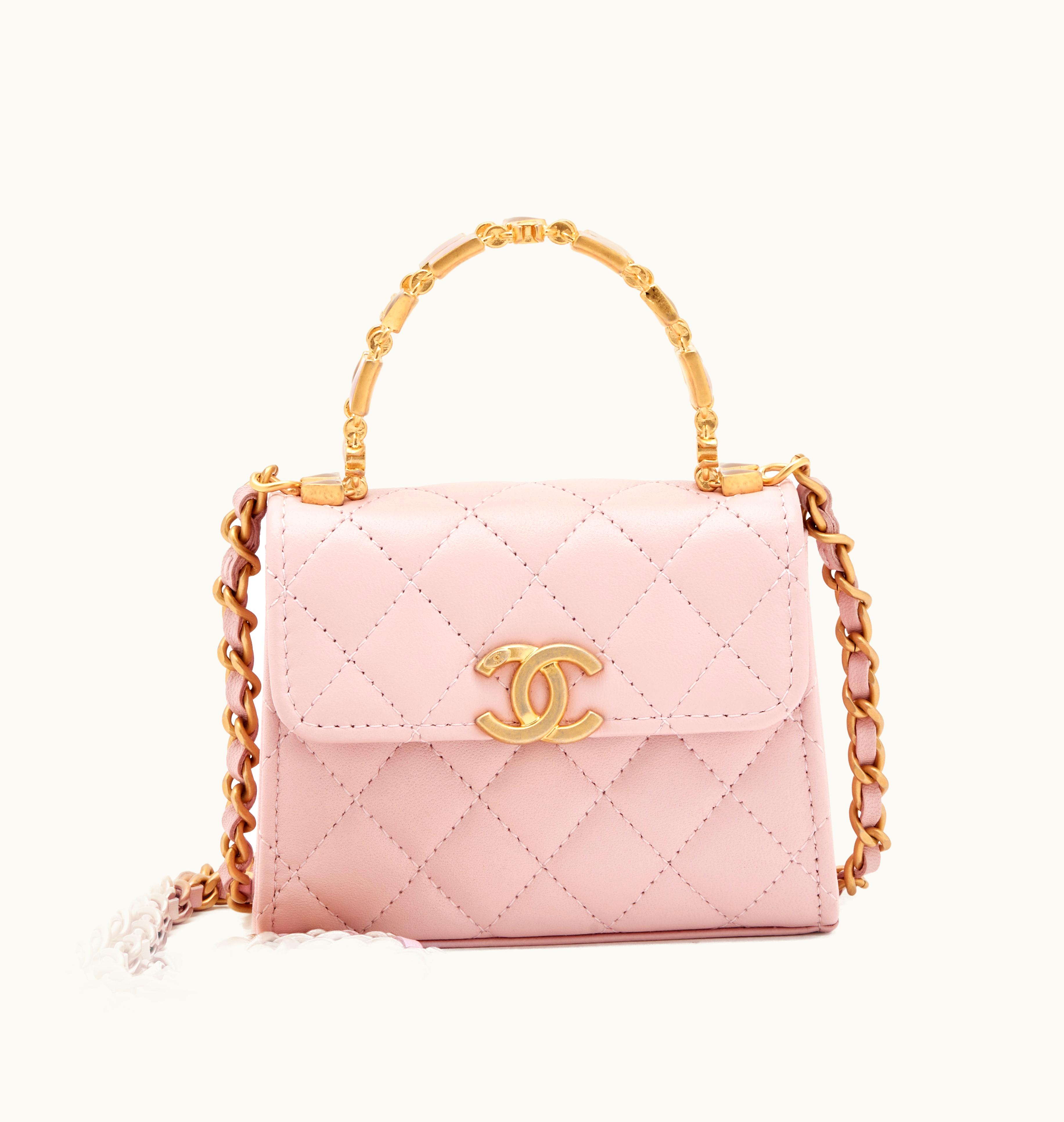 Chanel Chanel Pink Chanel Mini Quilted Lambskin Enamel Handle Clutch with Gold Hardware and Chain, 2022 Edition