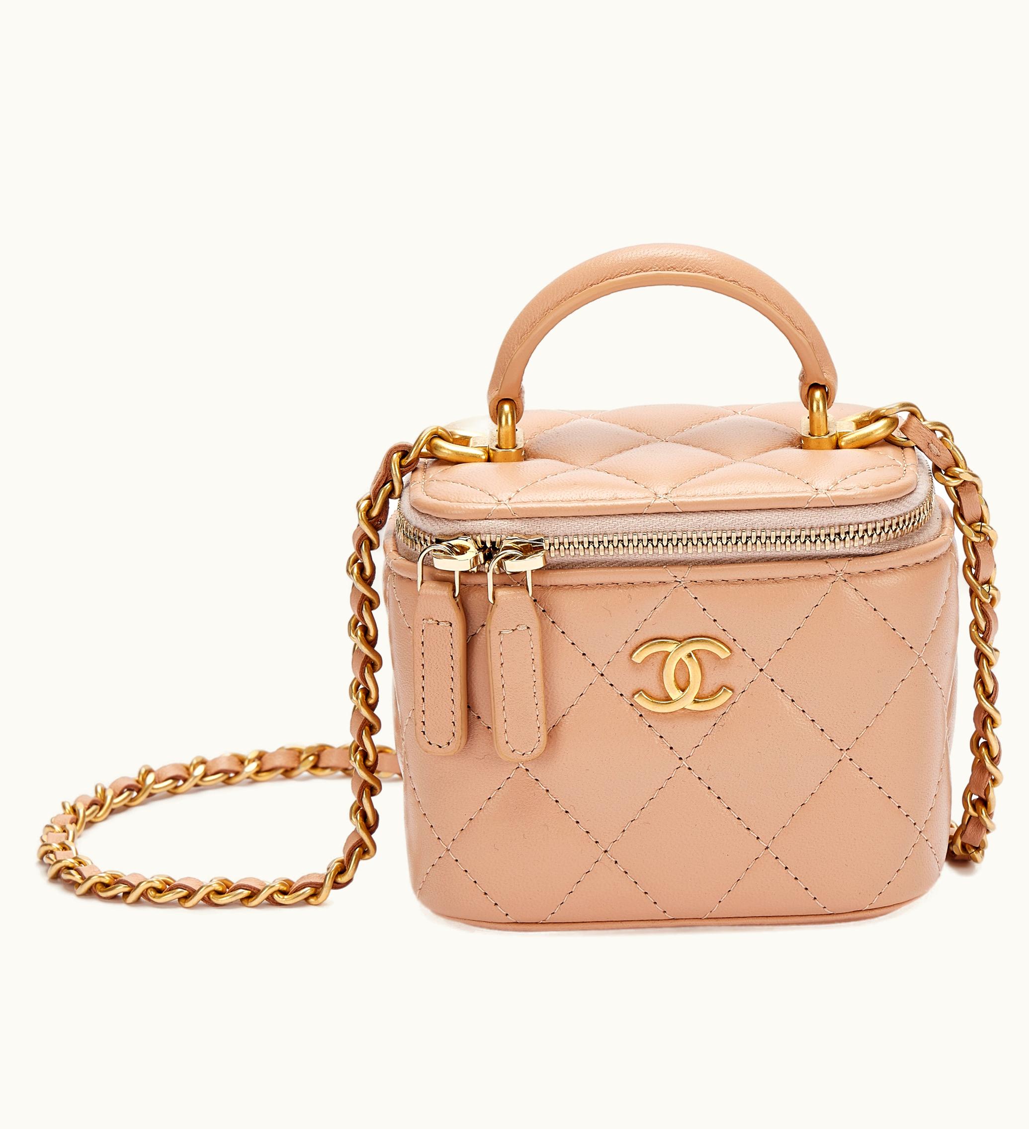 Chanel Chanel 2021 Chanel Mini Top Handle Vanity in Beige Quilted Grained Calfskin and Brushed Gold Hardware, Featuring a Chain Strap