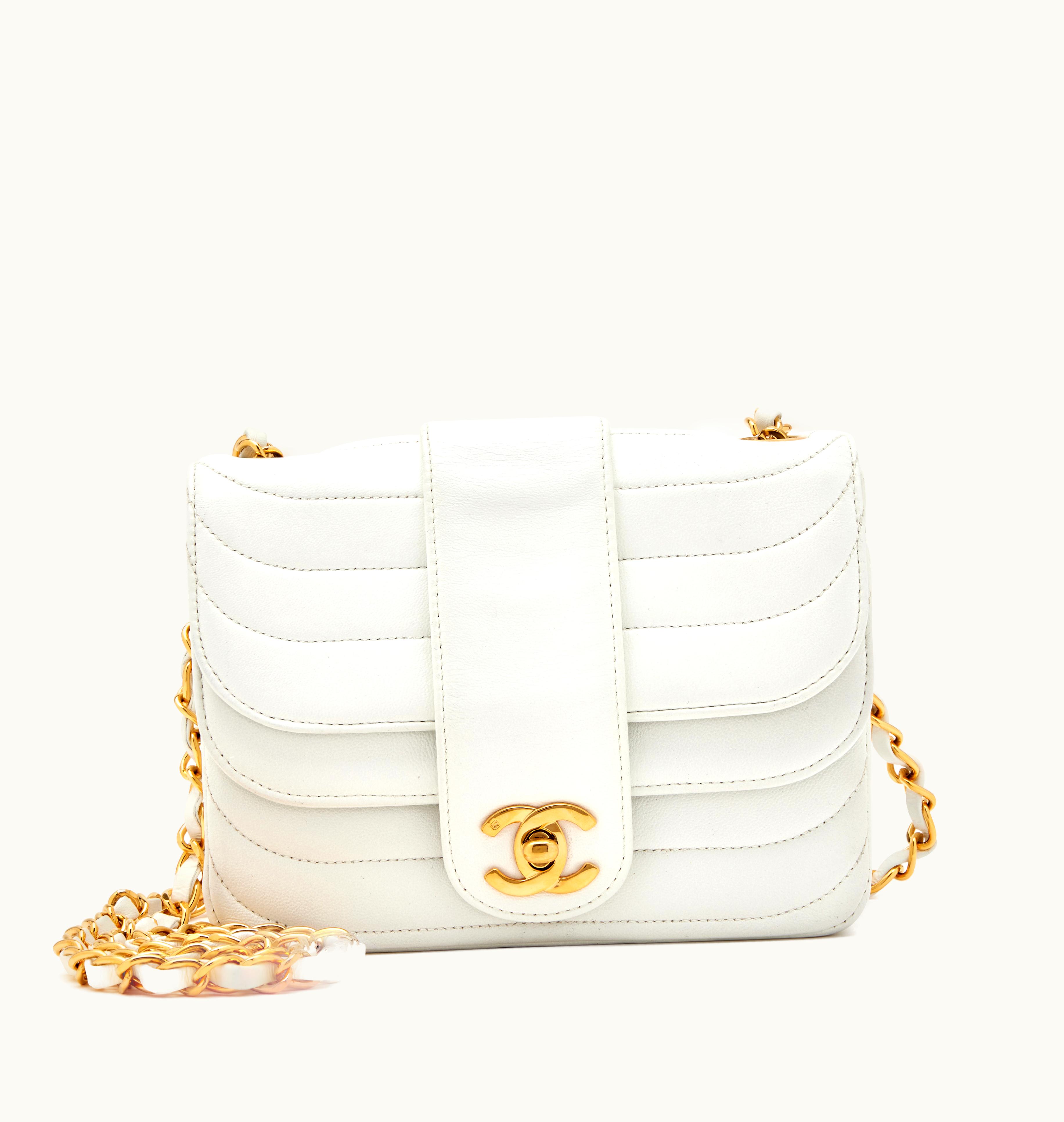 Chanel Chanel Mini Square Double Flap with Gold Hardware, Quilted Lambskin in White Shade, Model Years 1991-1994
