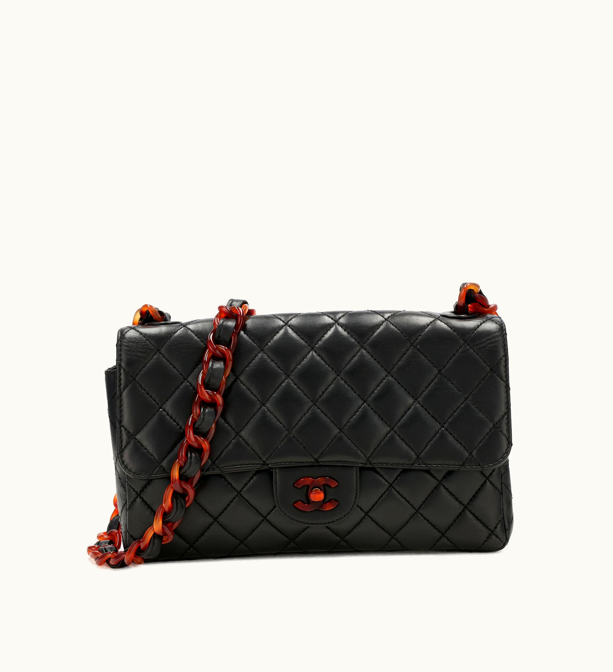 Chanel Chanel Medium Classic Single Flap Tortoiseshell Bakelite Hardware in Black Quilted Lambskin from 1996-1997