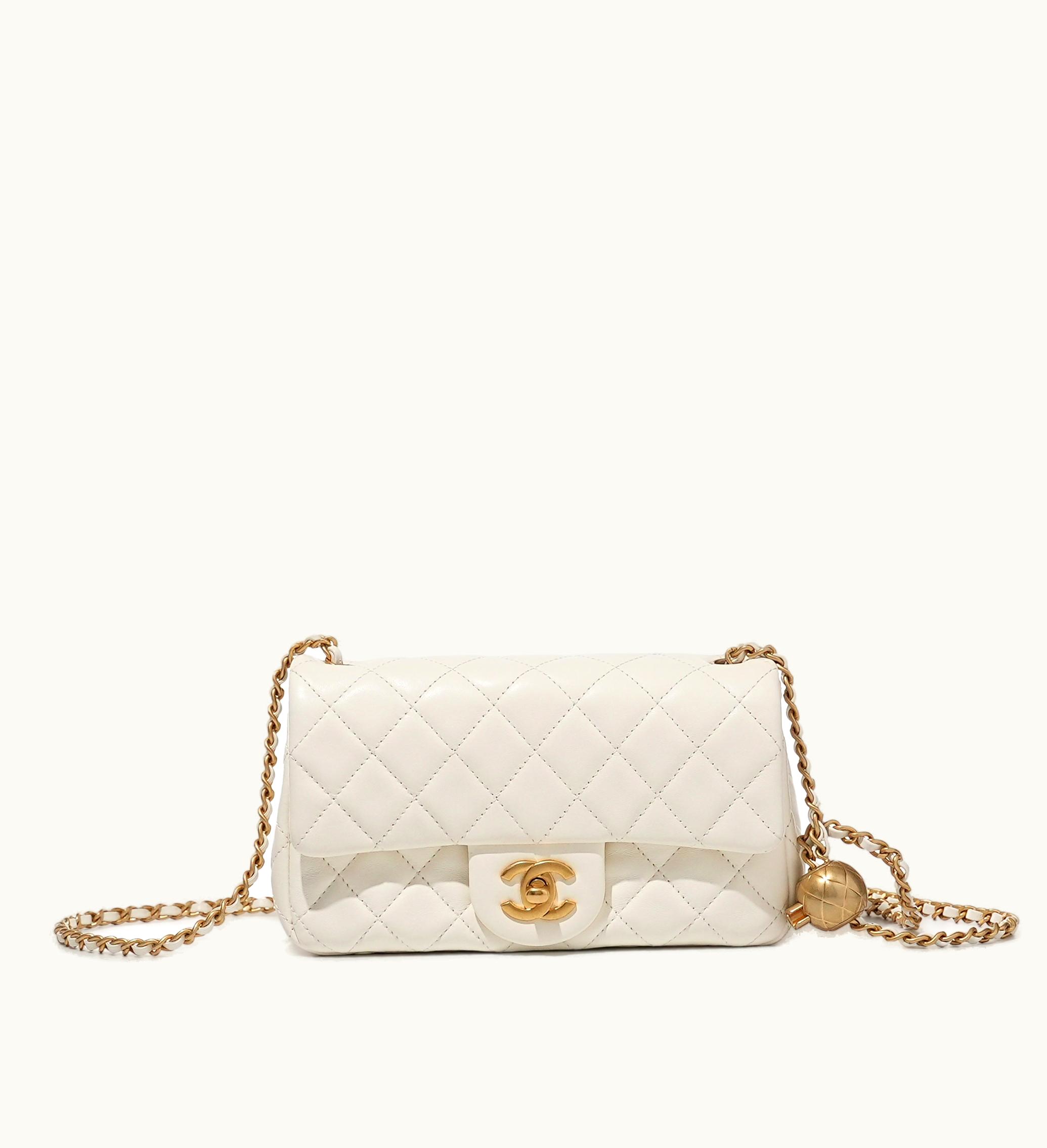 Chanel Chanel White Quilted Lambskin Pearl Embellished Flap Bag with Gold Hardware