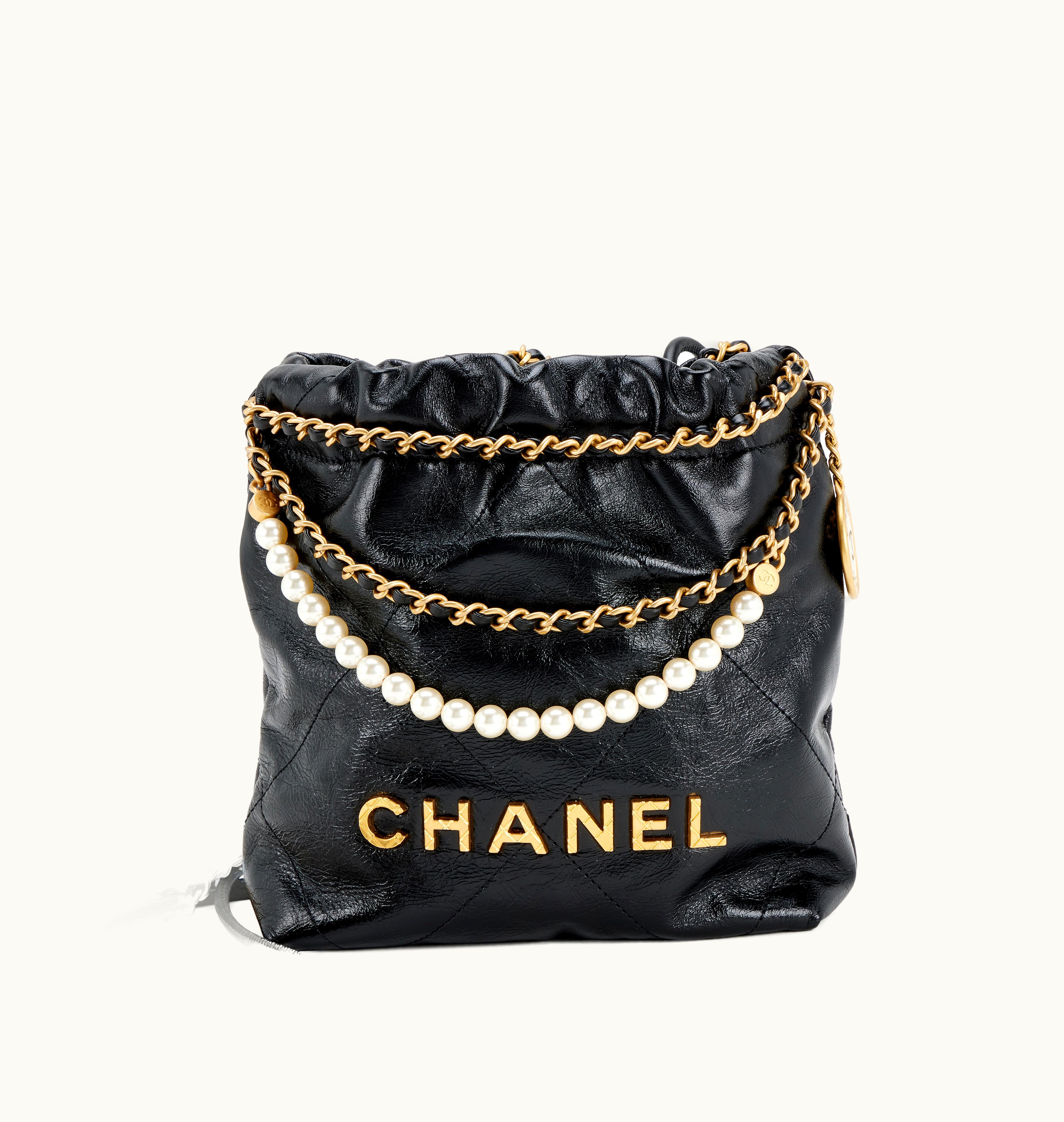 Chanel Chanel 2023 Chanel Black Quilted Calfskin Hobo Bag Mini 22 with Imitation Pearl Strap and Gold Hardware