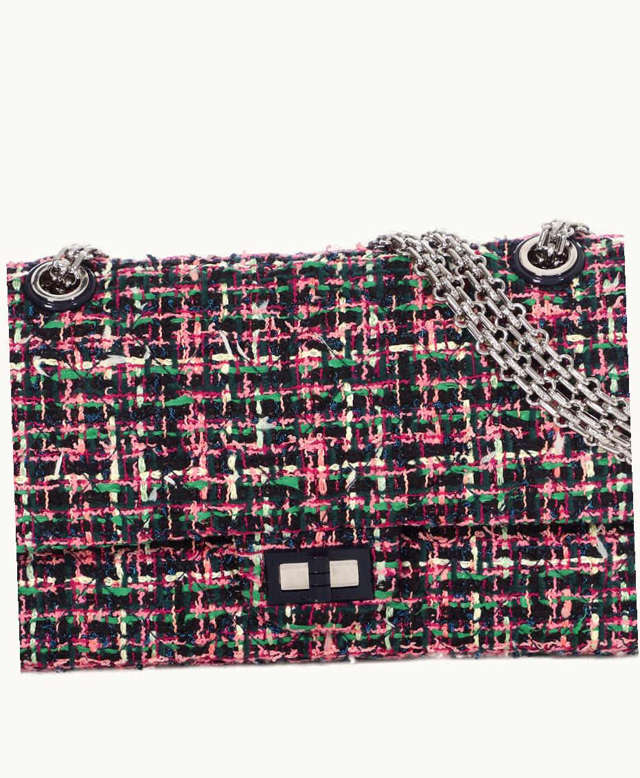 Chanel Chanel 2.55 Reissue Flap 225 in Pink, Green, and Navy Tweed with Silver Hardware, from 2017-2018