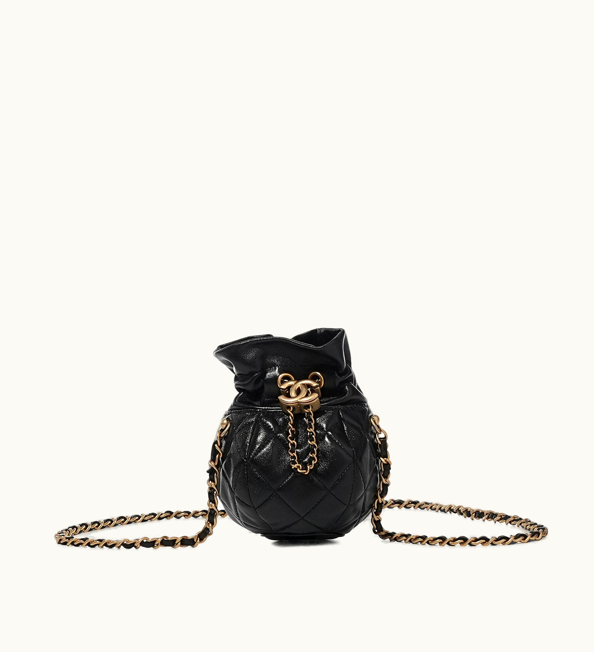 Chanel Chanel Black Quilted Lambskin Round Drawstring Bag with Gold Hardware by Chanel