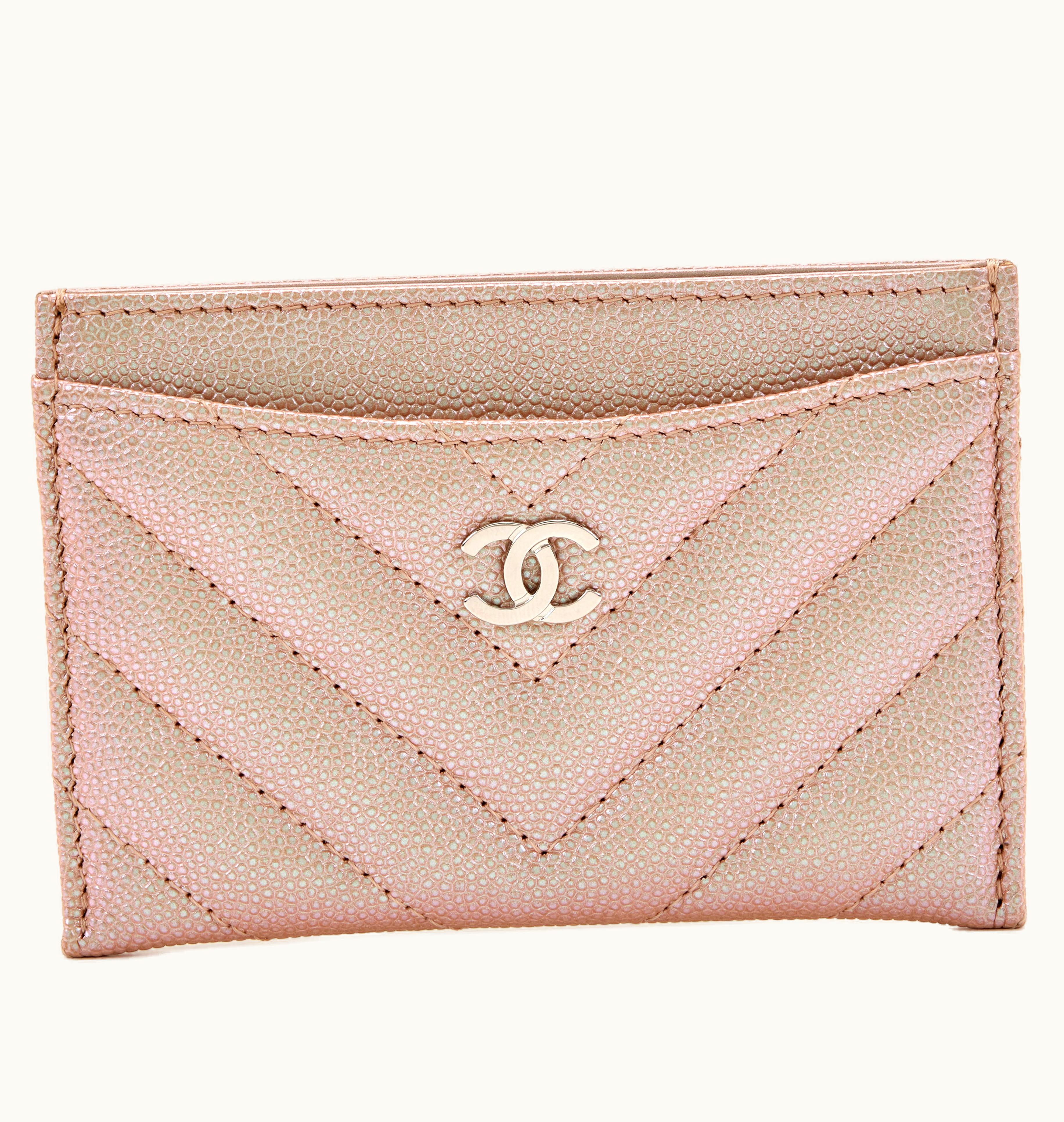 Chanel Chanel Chevron Quilted Caviar Card Holder in Iridescent Light Pink with Silver Hardware, manufactured in 2017