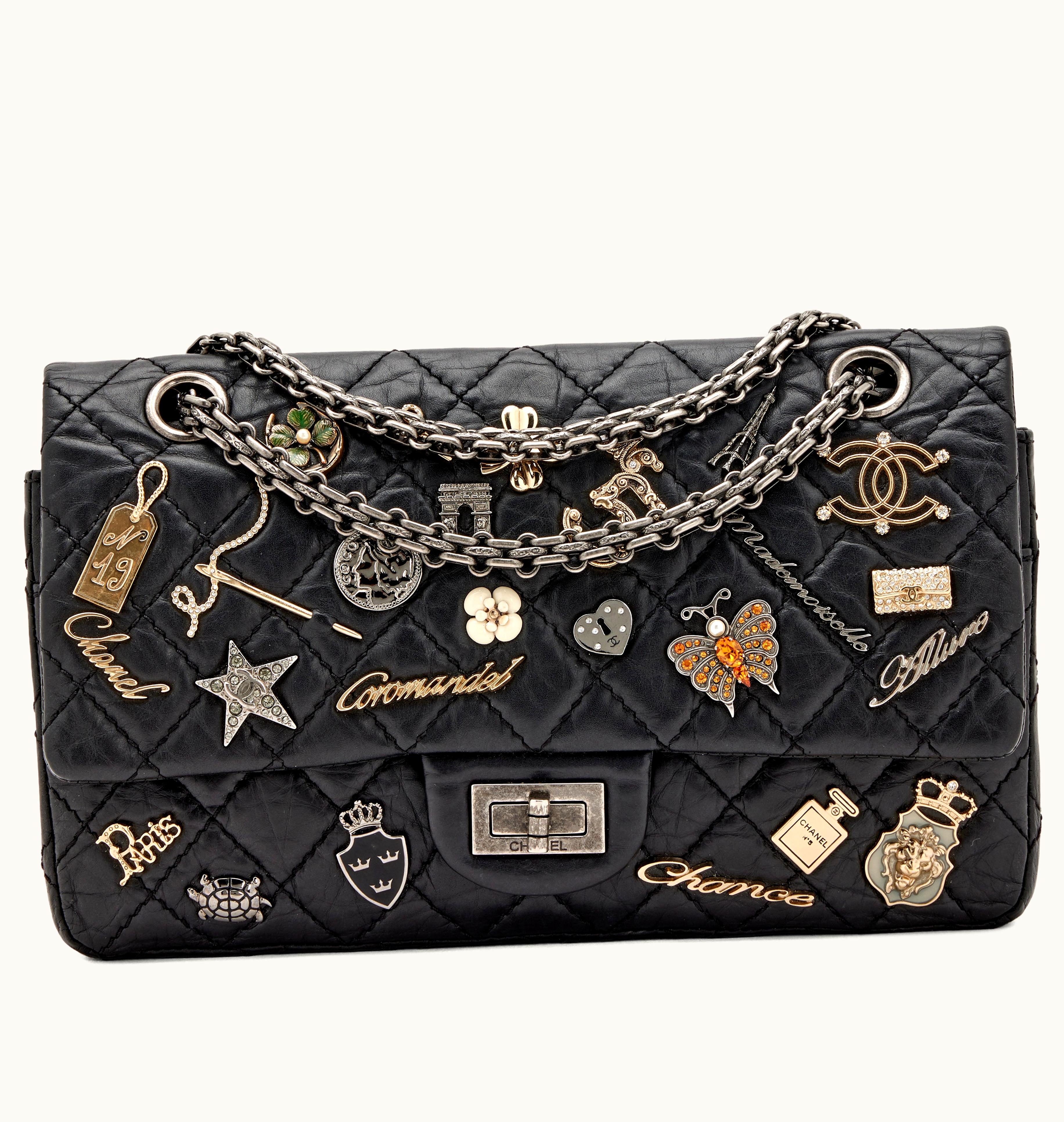 Chanel Chanel 2012 Chanel Reissue 2.55 Double Flap Bag in Black Quilted Aged Calfskin with Ruthenium Hardware, adorned with Lucky Charms