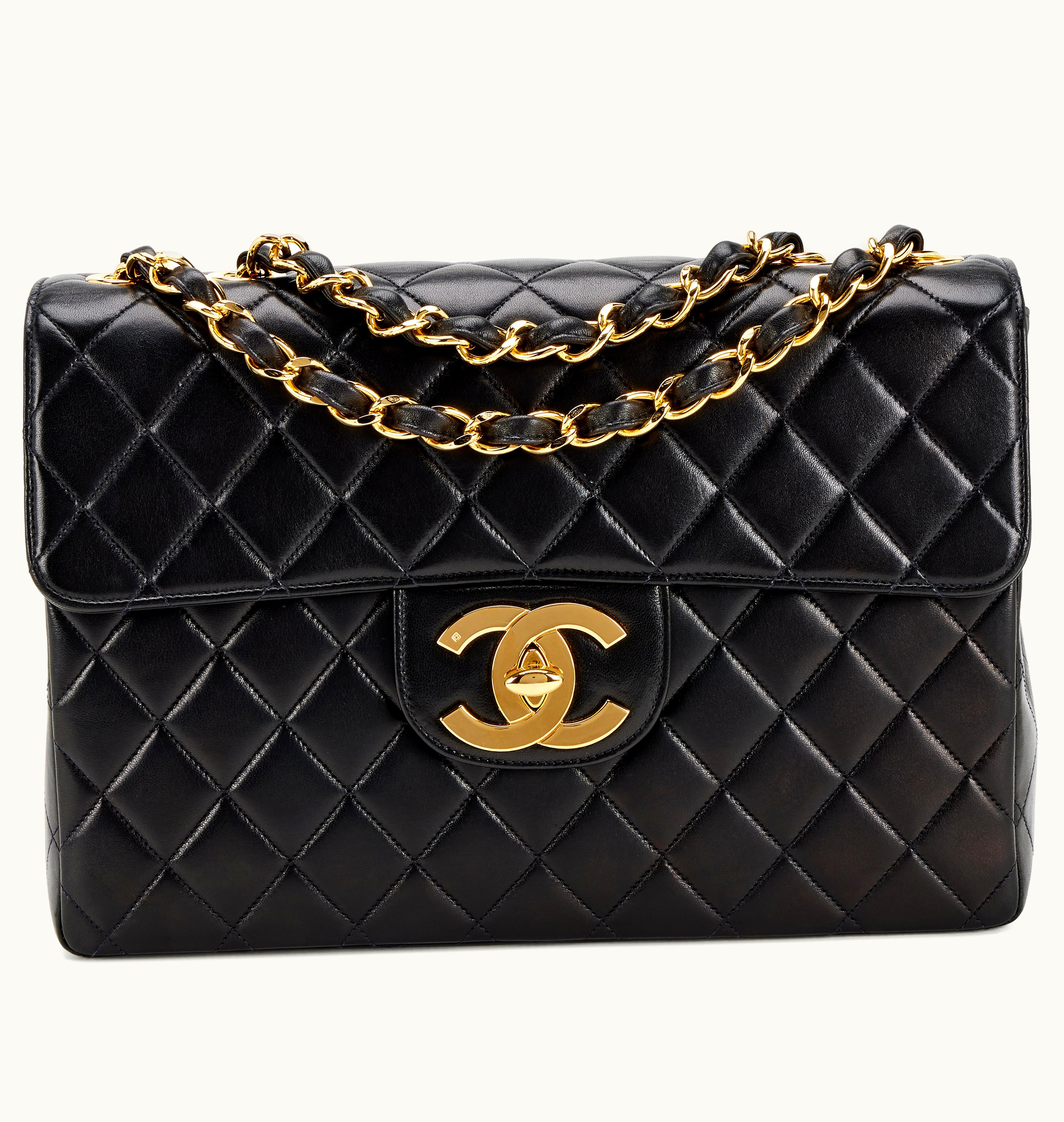 Chanel Chanel XL CC Jumbo Classic Single Flap with Gold Hardware, made from Black Quilted Lambskin and produced between the years 1994-1996
