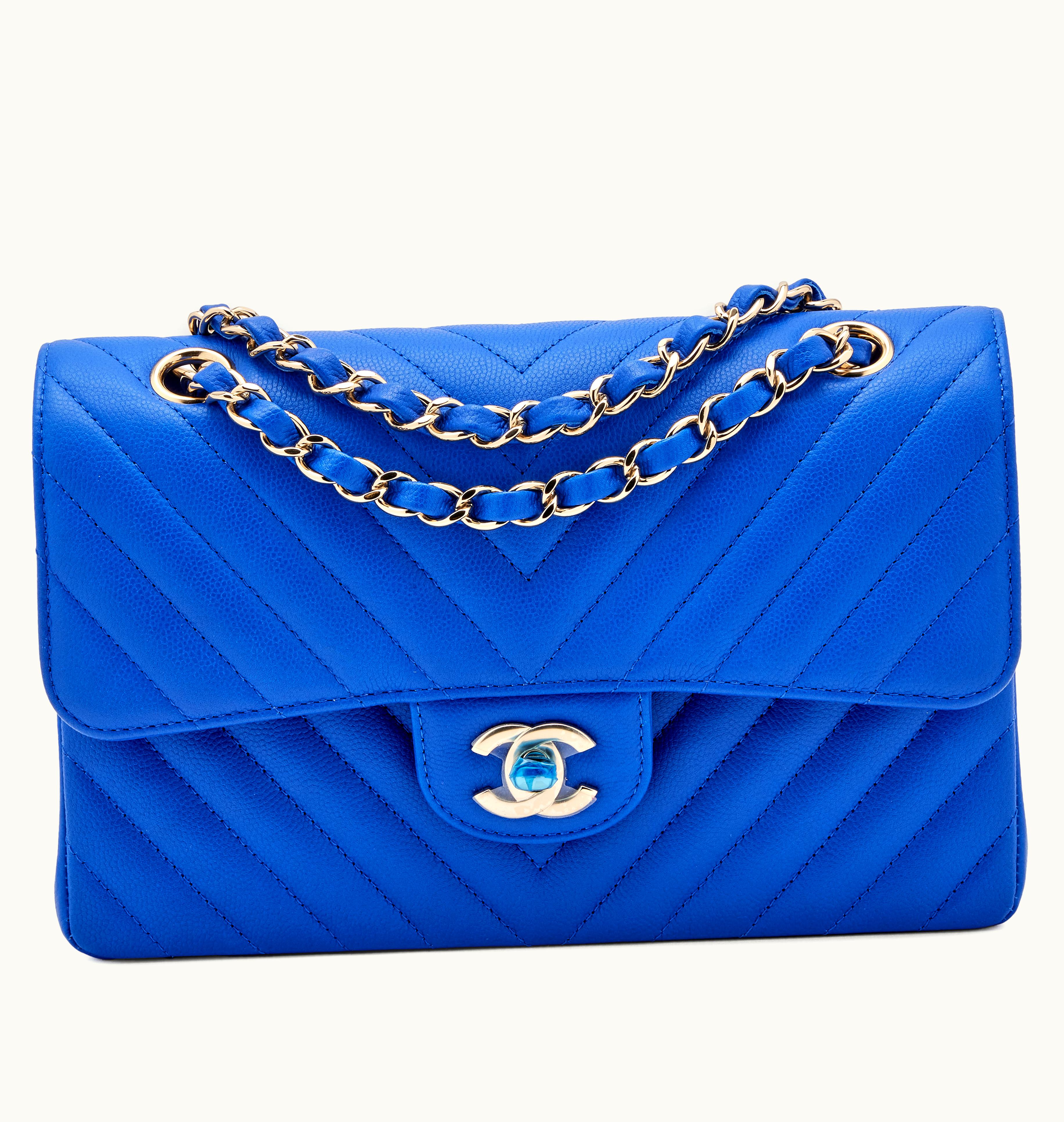 Chanel Chanel 2021 Pale Gold Hardware Chanel Chevron Caviar Small Classic Double Flap in Cobalt Blue