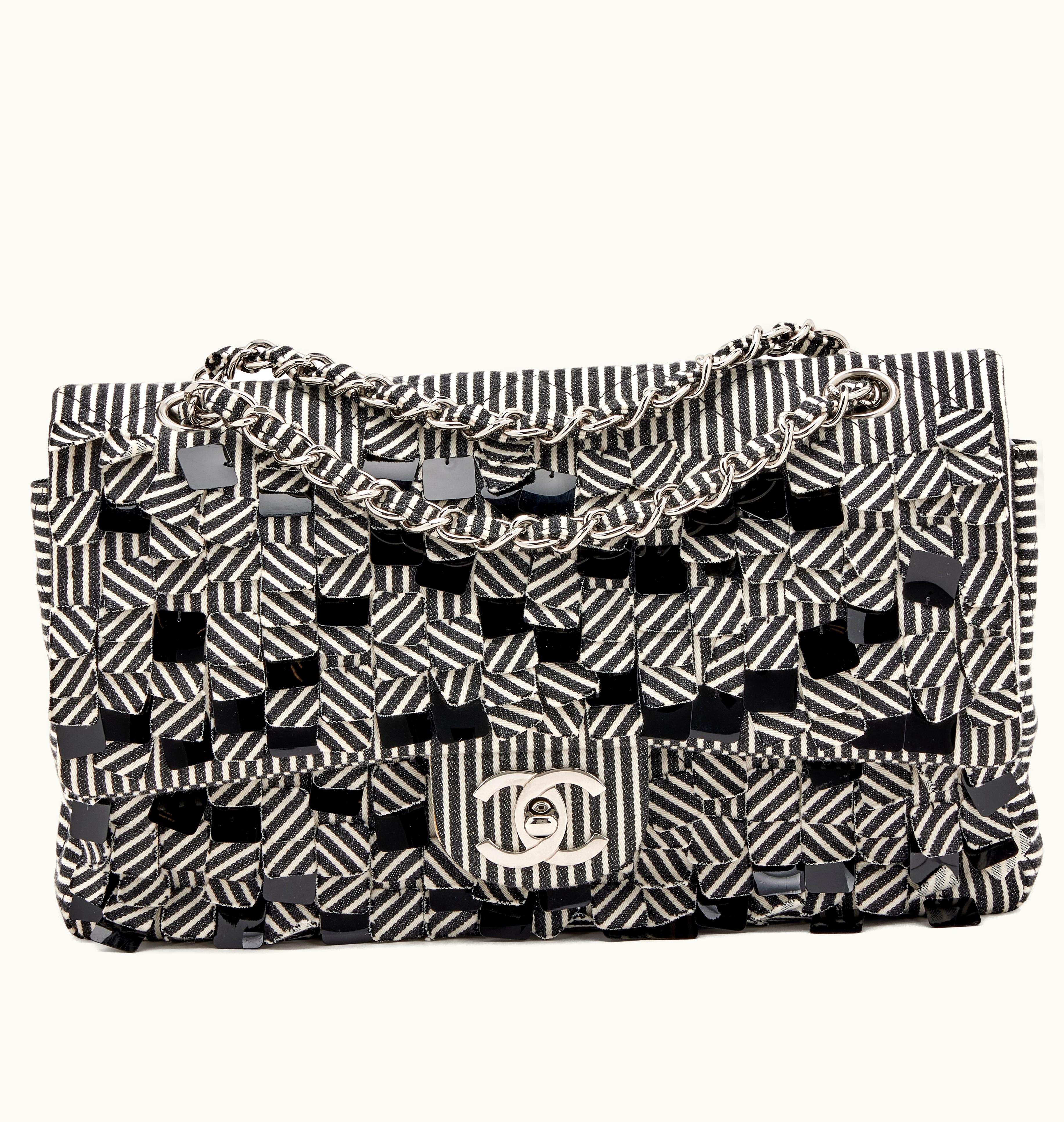 Chanel Chanel Black and White Striped Canvas with Black Sequin Medium Double Flap, Silver Hardware, 2006-2008