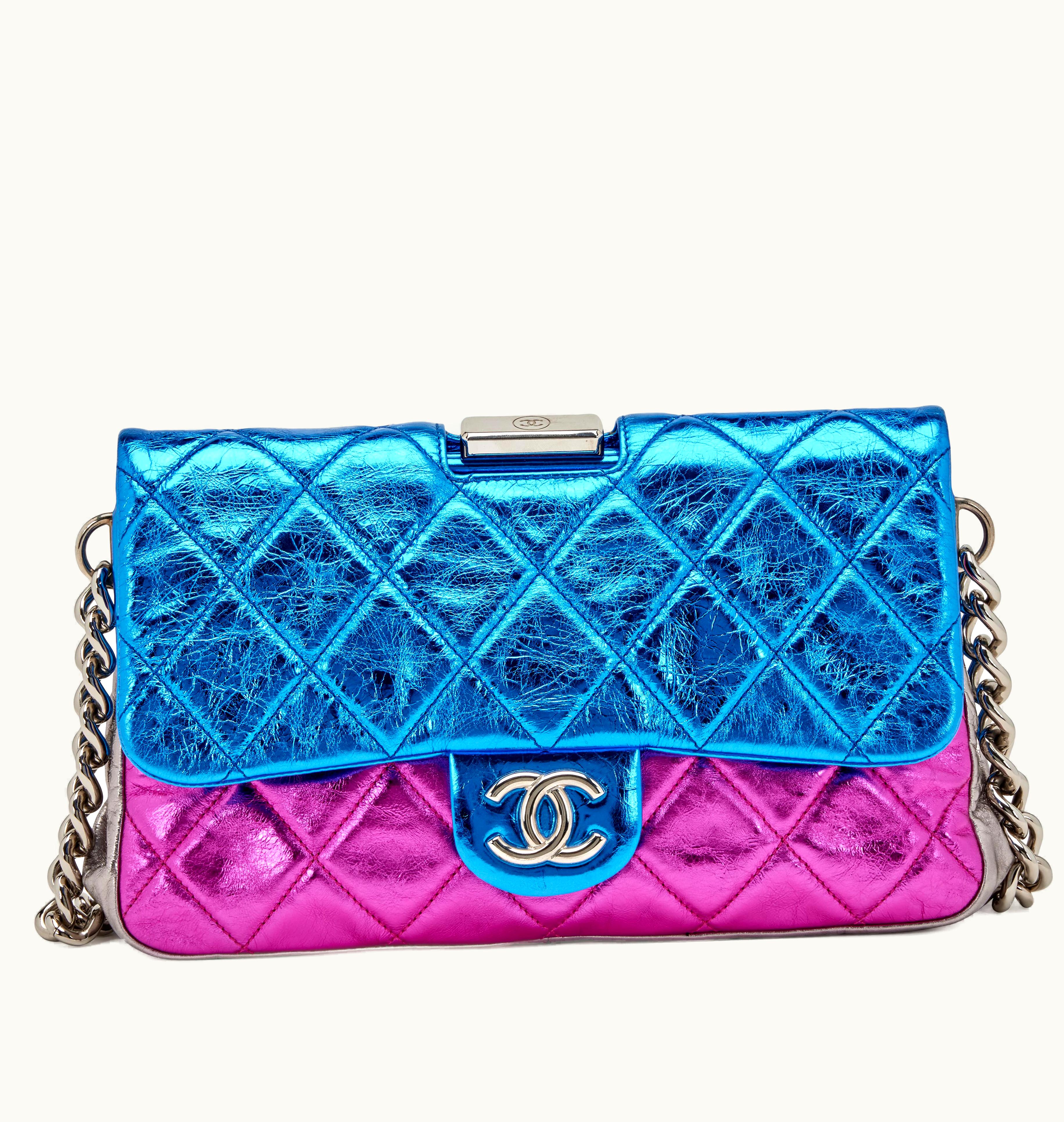 Chanel Chanel Quilted Crackled Leather Framed Flap Bag: Metallic Blue, Pink, and Silver with Silver Hardware, Circa 2008-2009