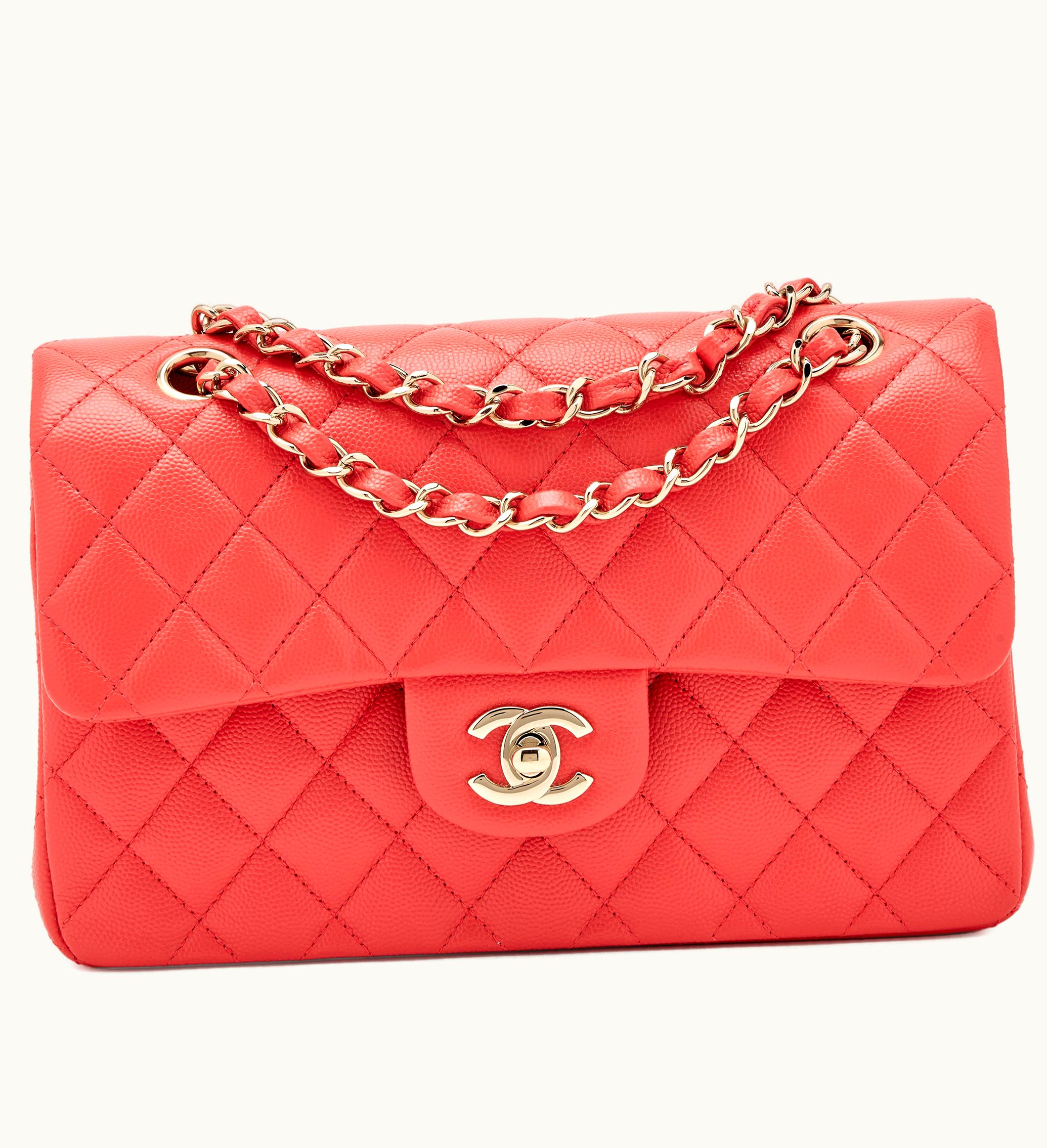 Chanel Chanel Quilted Caviar Small Classic Double Flap in Light Gold Hardware, 2021, with a Coral Pink hue