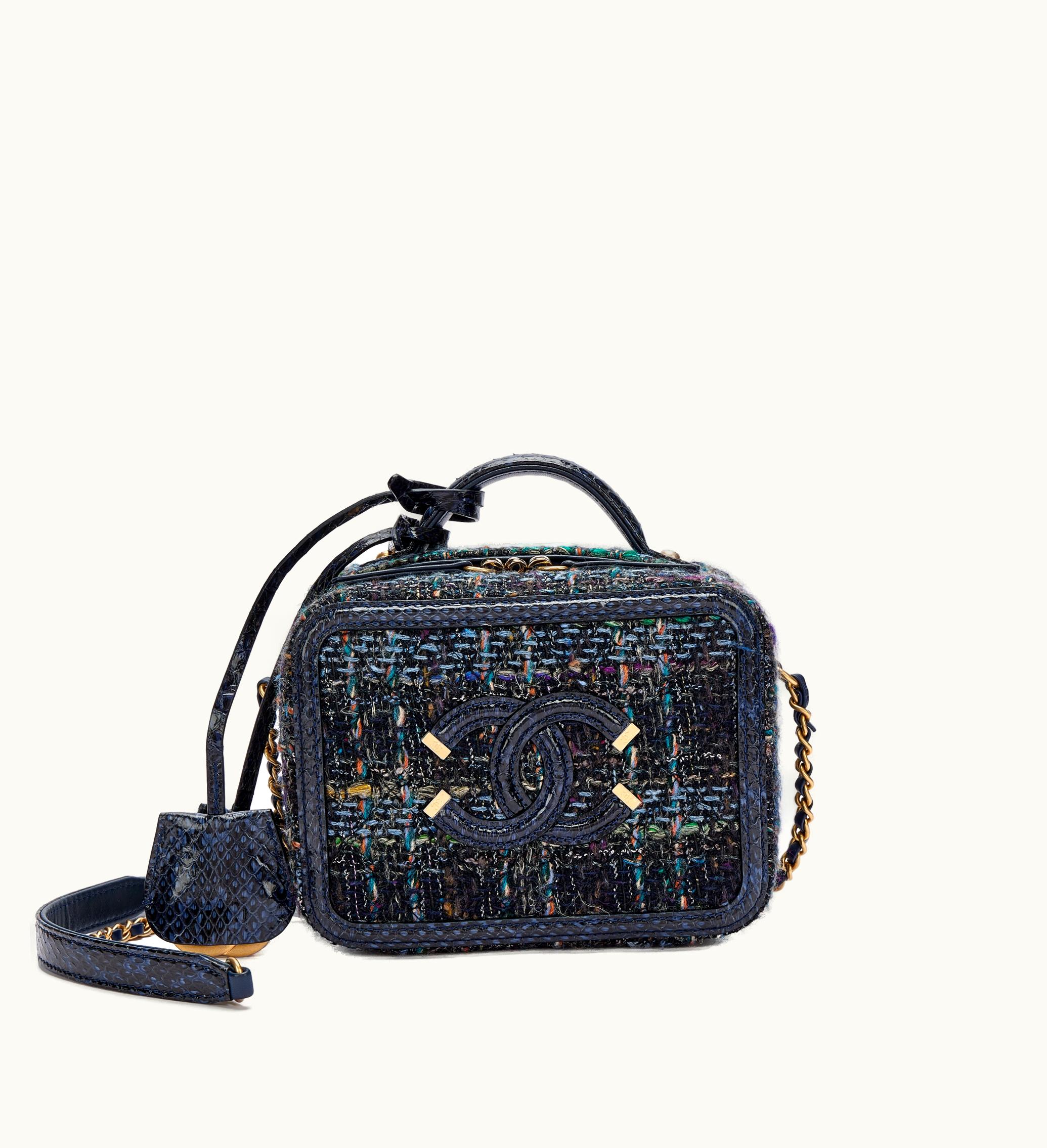 Chanel Chanel Filigree Vanity Case with Gold Hardware in Small size crafted from Navy Tweed, Python, and Calfskin, produced in the year 2018-19