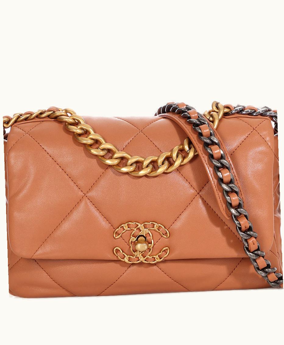 Chanel Chanel Medium 19 Flap in Quilted Lambskin with Caramel Shade, featuring a combination of Gold and Ruthenium Hardware from the year 2021