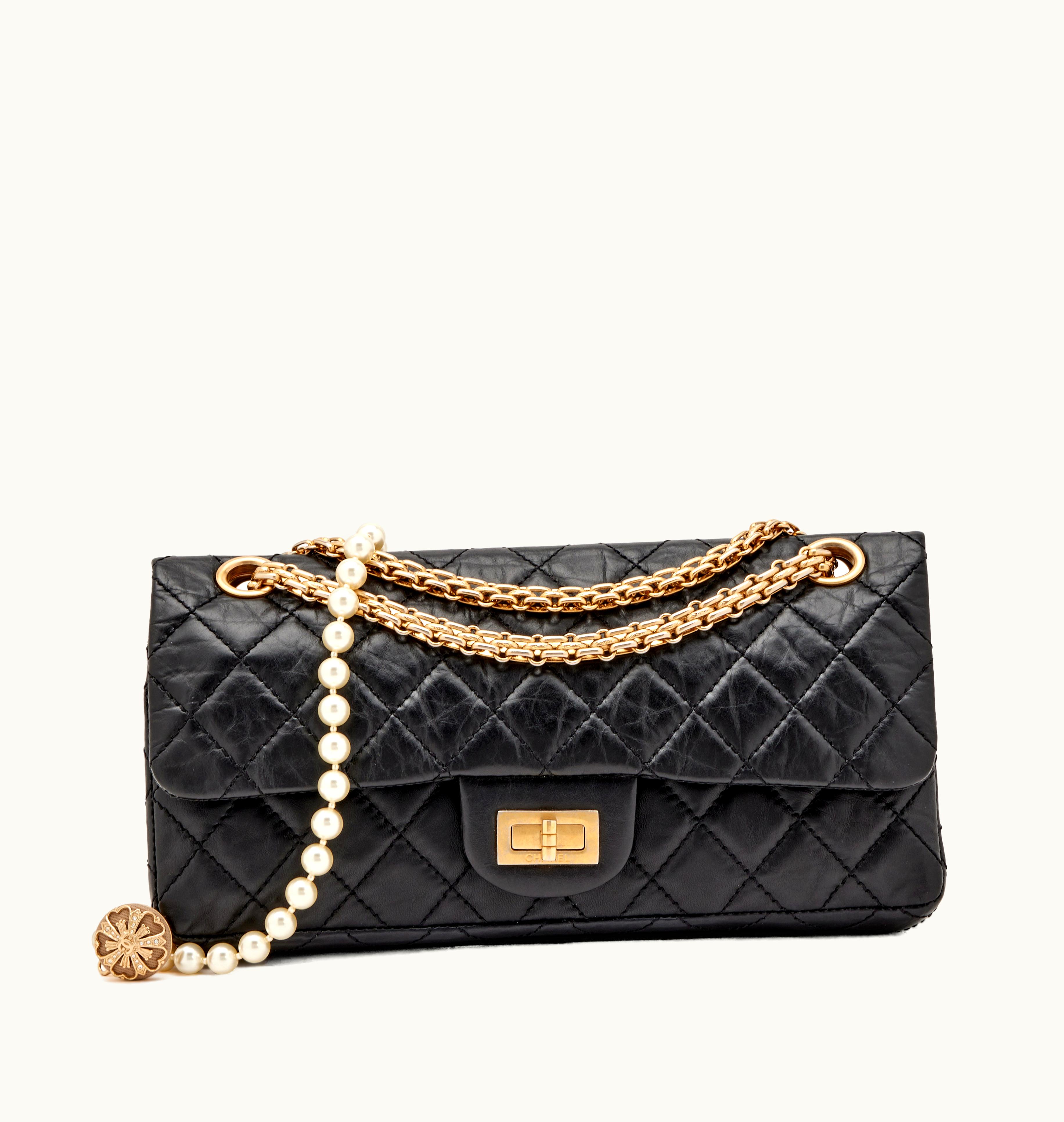 Chanel Chanel 2006 Gold Hardware Double Flap Small East West Reissue 2.55 with Black Quilted Aged Calfskin, Mirror Charm, Imitation Pearl Chain