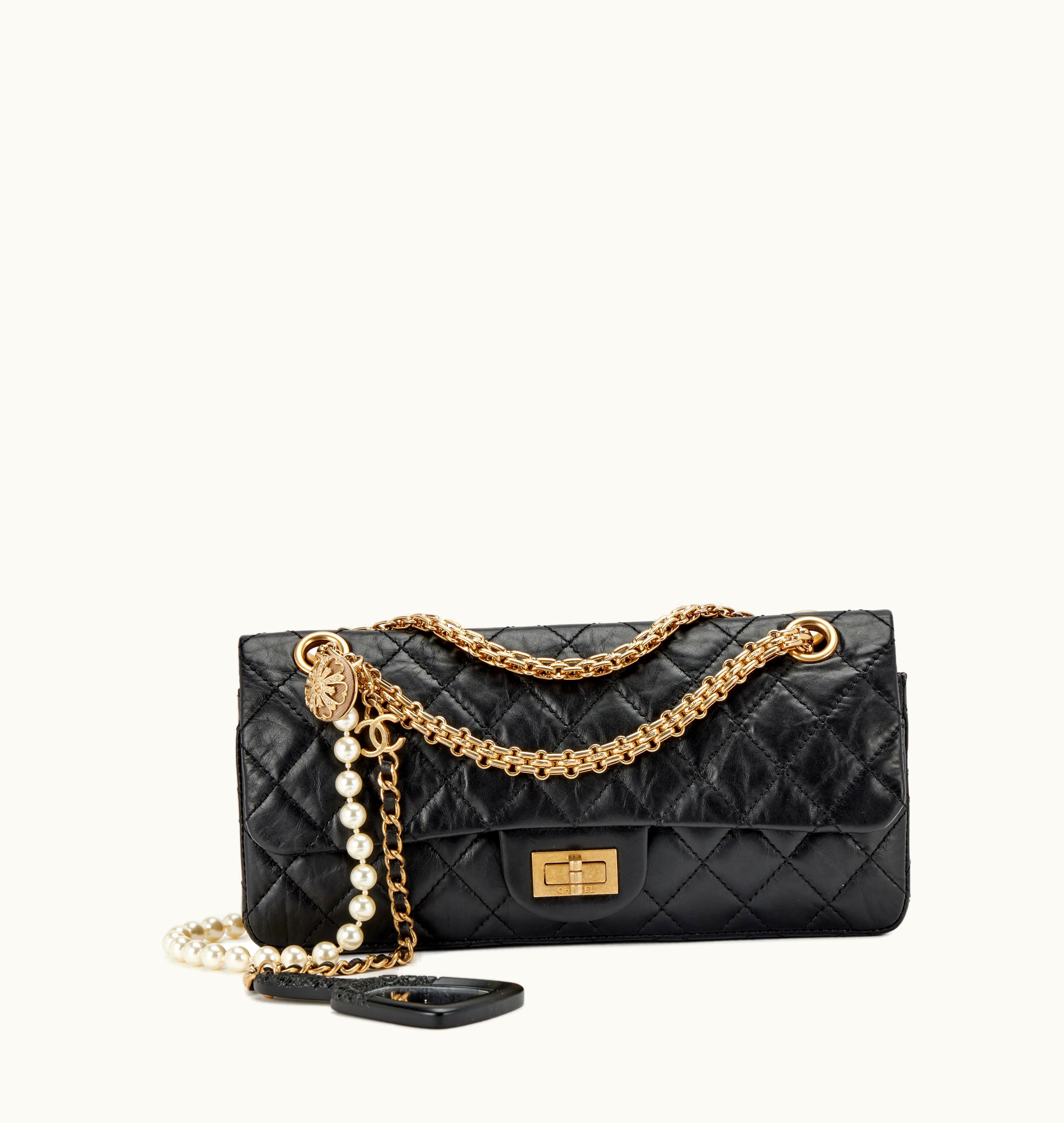 Chanel Chanel 2006 Chanel Gold Hardware East West Double Flap with Black Quilted Aged Calfskin, Mirror Charm, Imitation Pearl Chain, and Reissue 2.55