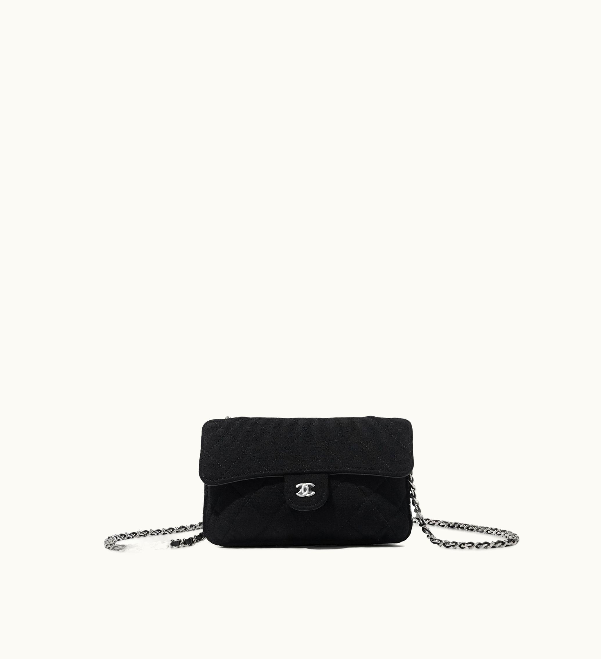 Chanel Chanel Clutch and Tote Combo: Chanel Quilted Canvas Clutch in Black with Silver Chain and Foldable Tote Bag, adorned with Silver Hardware