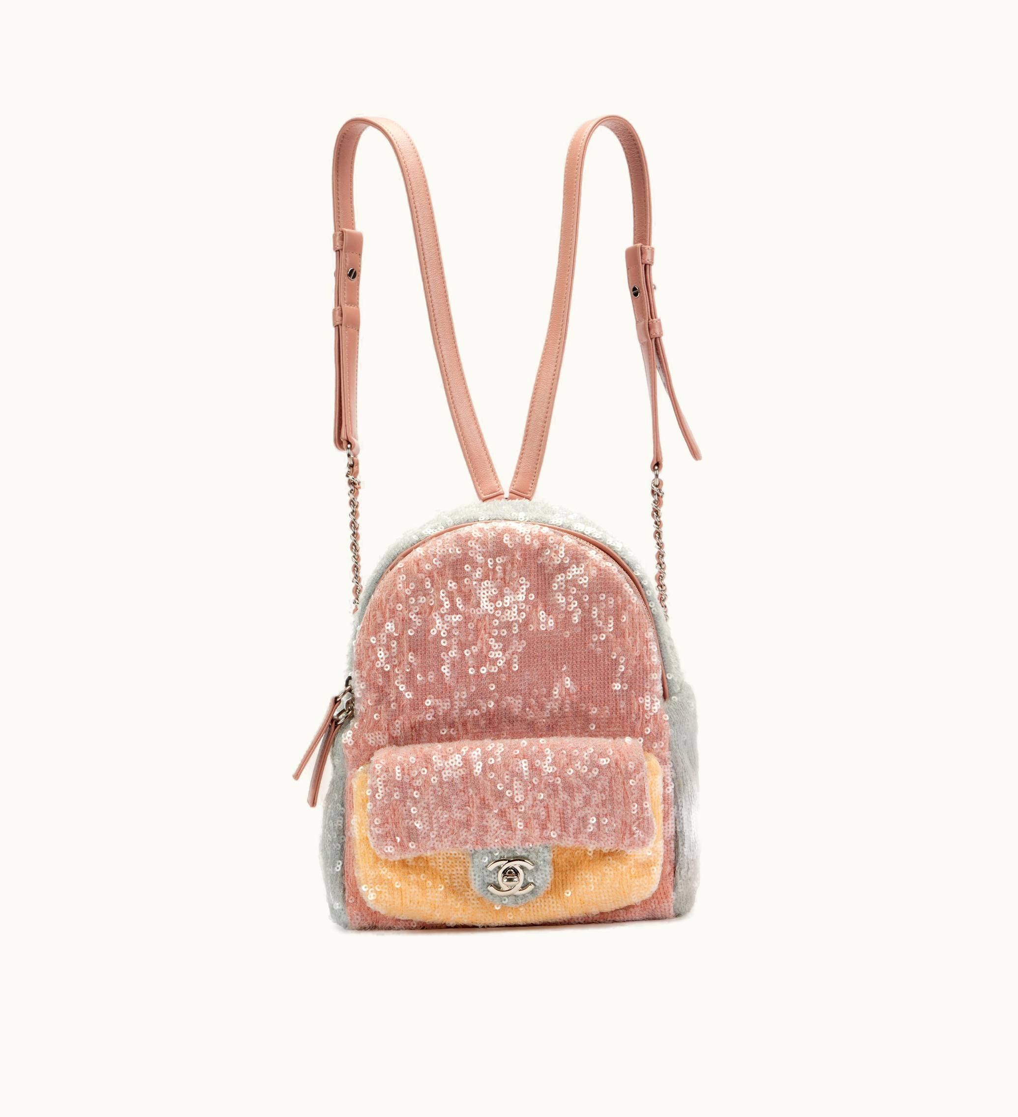 Chanel Chanel Mini Backpack 2018, adorned with Pink, Blue and Yellow Sequins, features a stylish Waterfall design and is embellished with sleek Silver Hardware