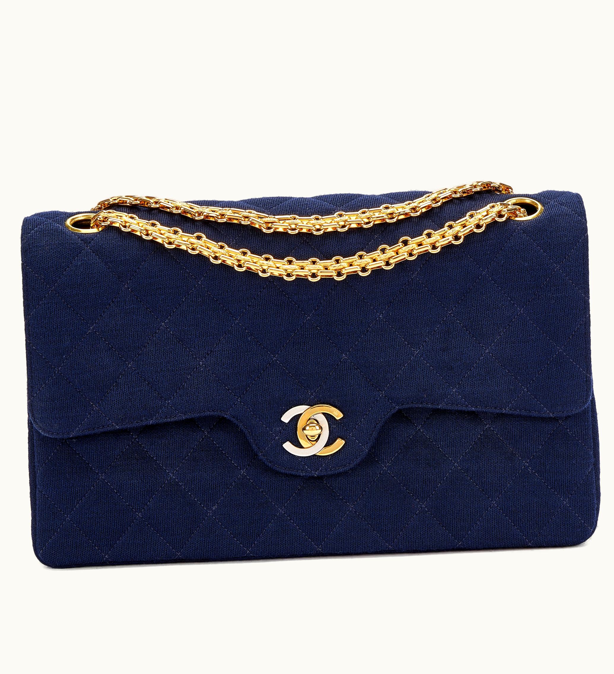 Chanel Chanel Navy Flap Bag with Quilted Fabric and Silver & Gold Hardware, dated between 1991 and 1994
