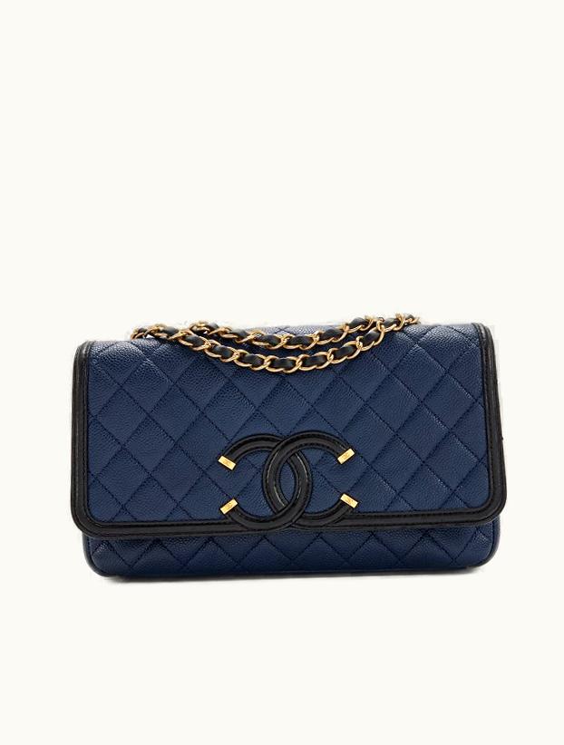 Chanel Chanel Medium CC Flap Bag in Navy Quilted Caviar and Black Lambskin with Gold Hardware, Year 2017