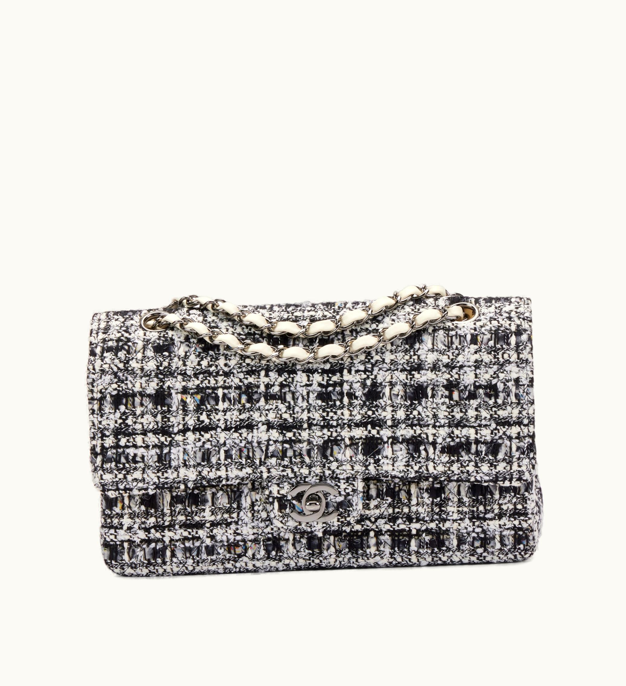 Chanel Chanel 2014-2015 Chanel Medium Classic Double Flap Ruthenium Hardware in Black and White Quilted Tweed