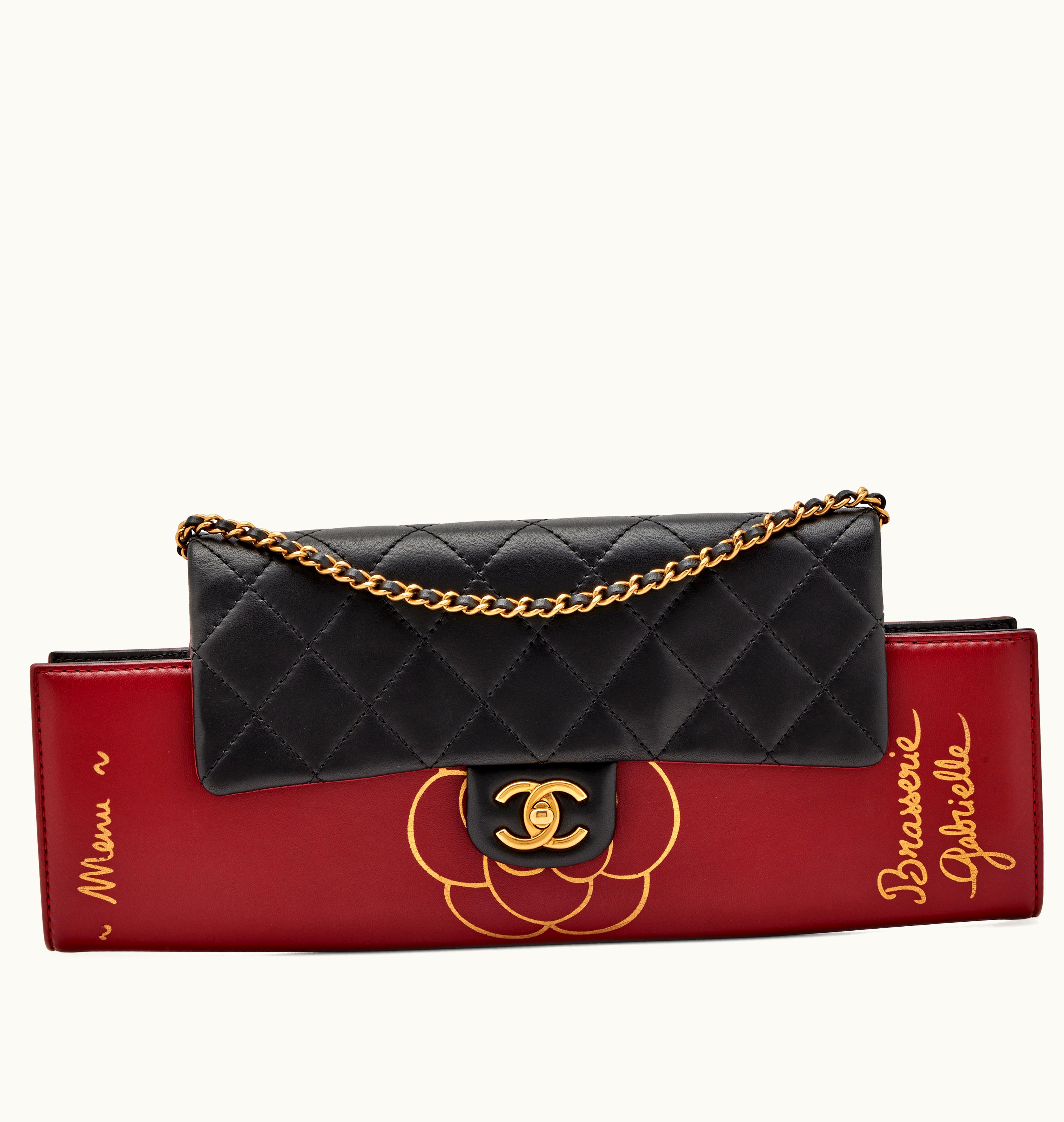 Chanel Chanel Gabrielle Brasserie Menu Flap Clutch in Burgundy and Black Quilted Calfskin with Gold Hardware, Chanel, 2015