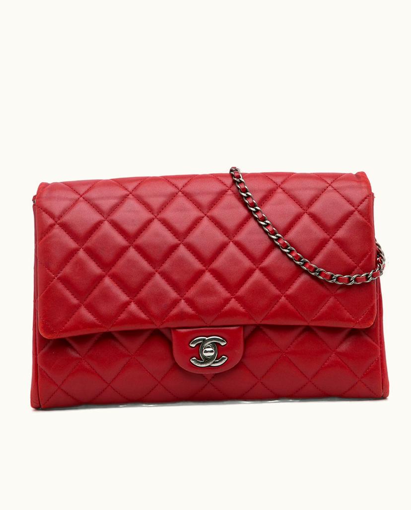 Chanel Chanel Flap Chain Clutch Shoulder Bag Lambskin Leather Red