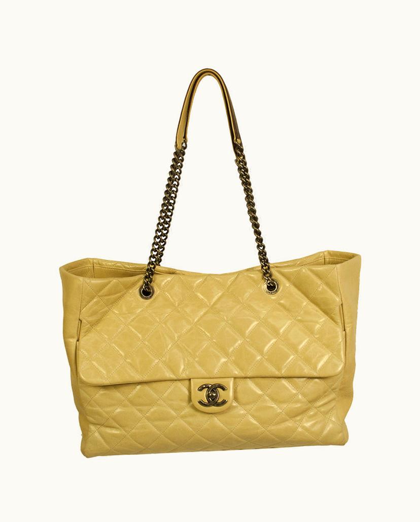 Chanel CHANEL Large Glazed Calfskin Tote Beige Gunmetal