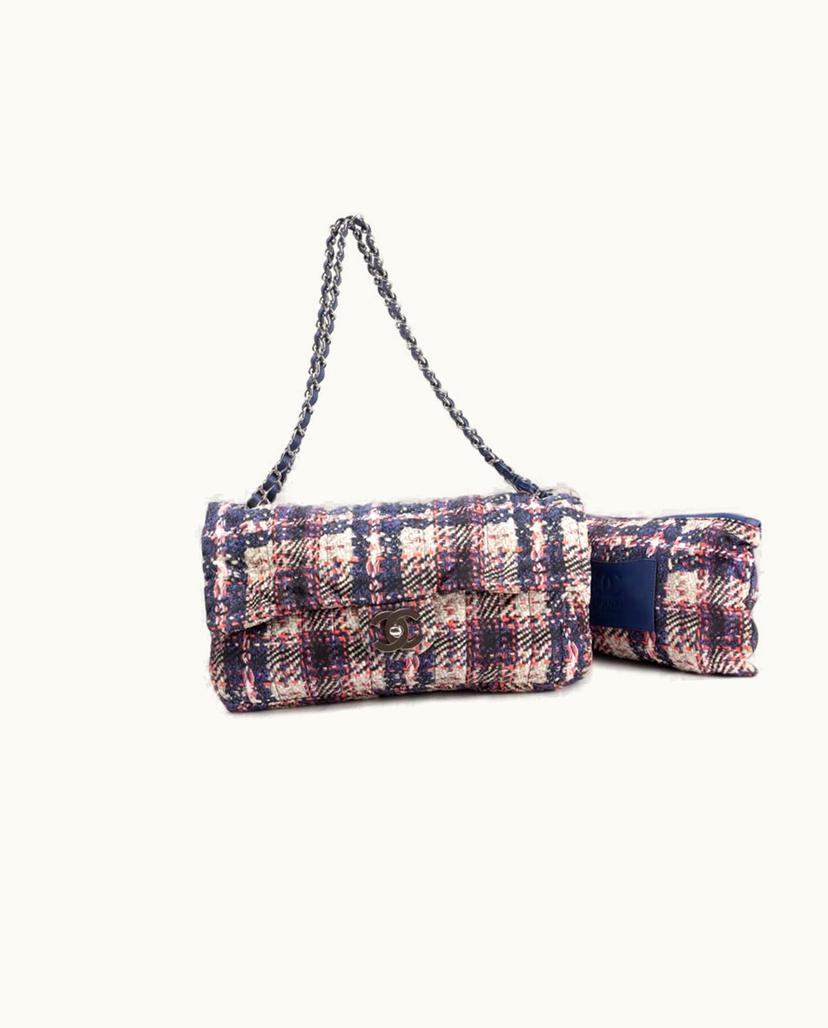 Chanel Chanel Nylon Tweed Printed Flap Bag Women's Silver Blue