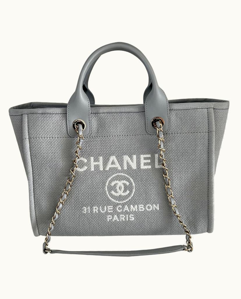 Chanel Chanel Deauville Grey Fabric Logo Tote Small