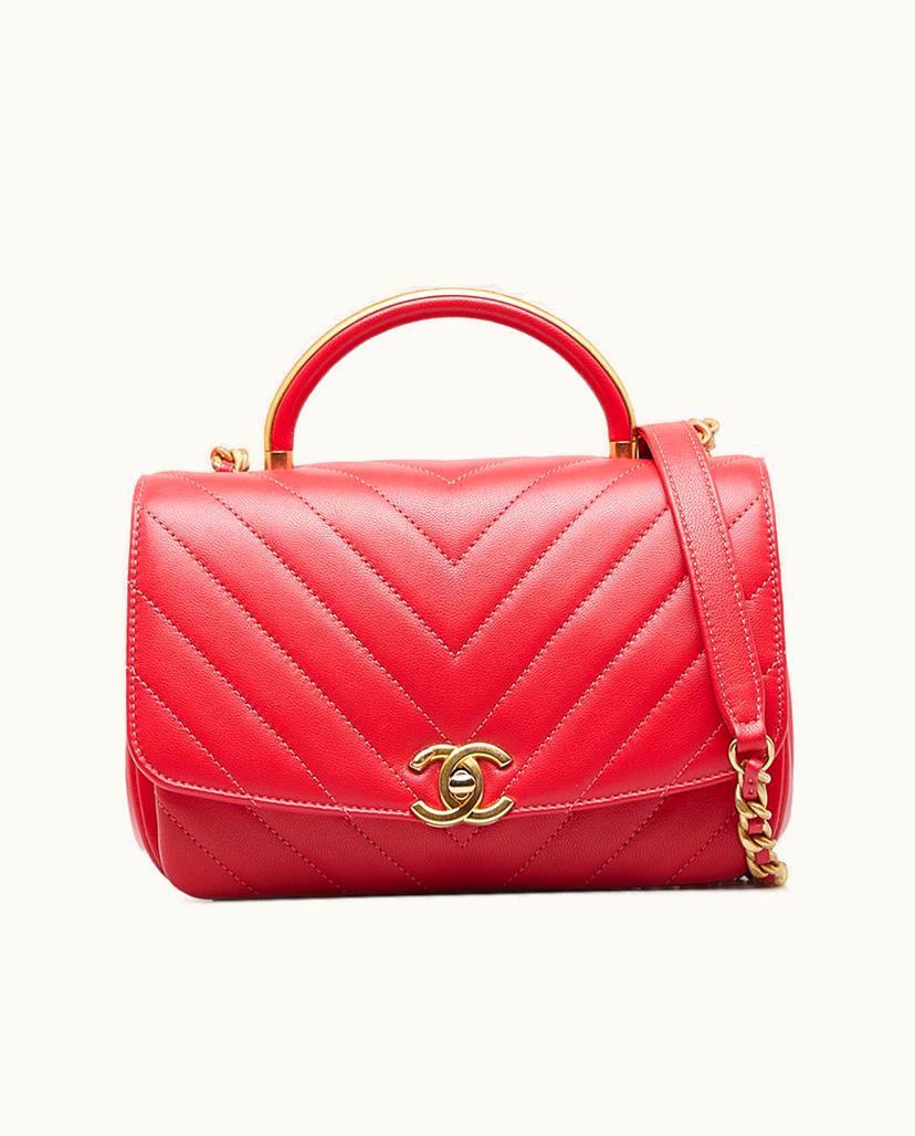 Chanel Chanel Chevron Flap Satchel Lambskin Leather Red