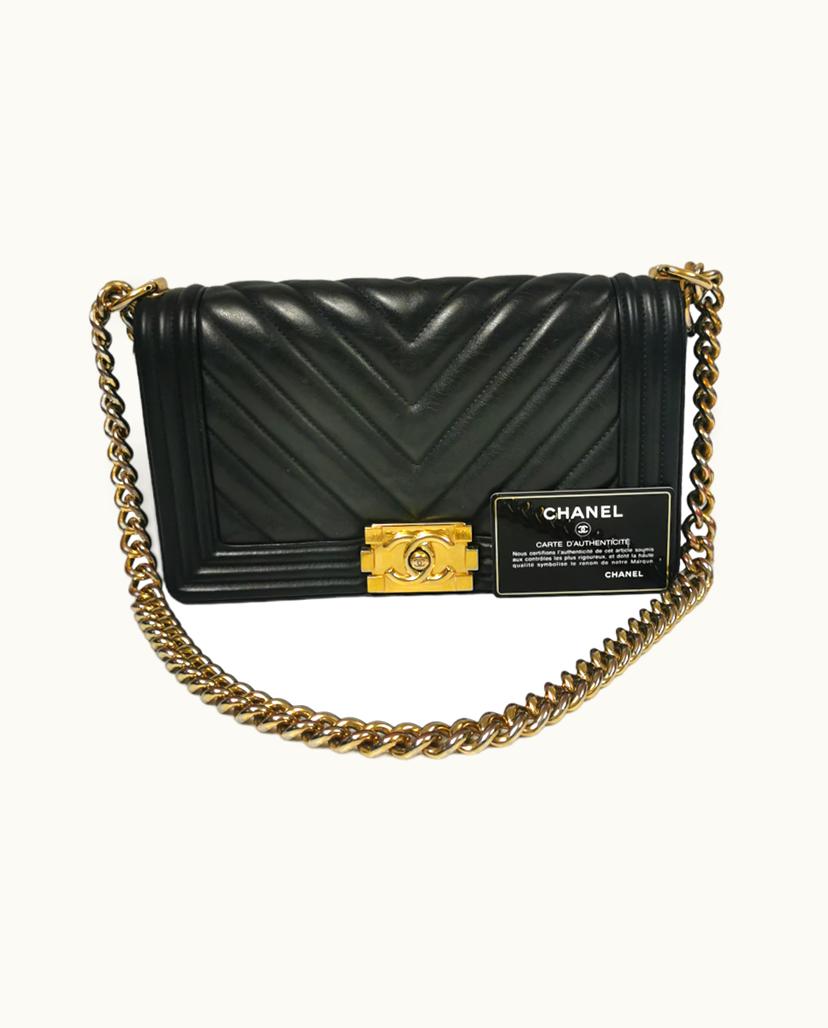 Chanel Chanel Boy Medium Chevron Lambskin Gold Bag Black