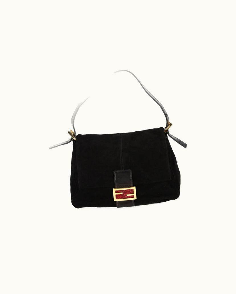 Fendi FENDI Mamma Baguette Bag Black Suede & Brown Leather Vintage Shoulder Bag