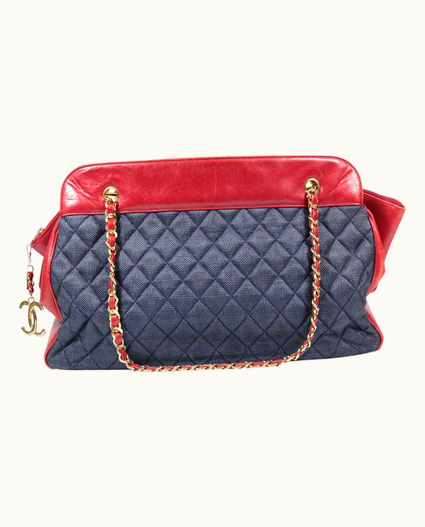 Chanel Chanel Shopping Bag Canvas & Leather Navy Blue & Red