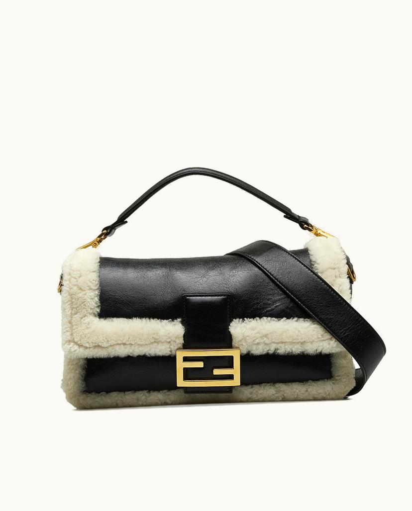 Fendi Fendi Shearling-Trimmed Leather Satchel Women's Shoulder Bag Black