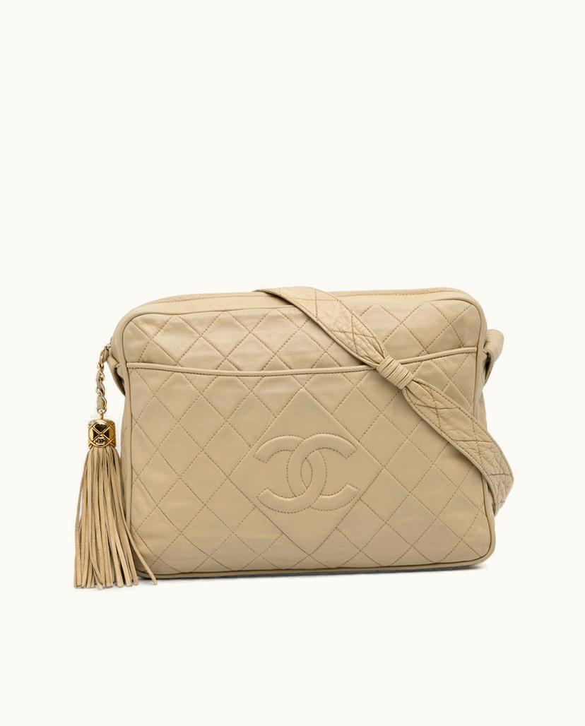 Chanel Chanel Vintage CC Tassel Camera Bag Quilted Lambskin Leather Crossbody Brown x Beige